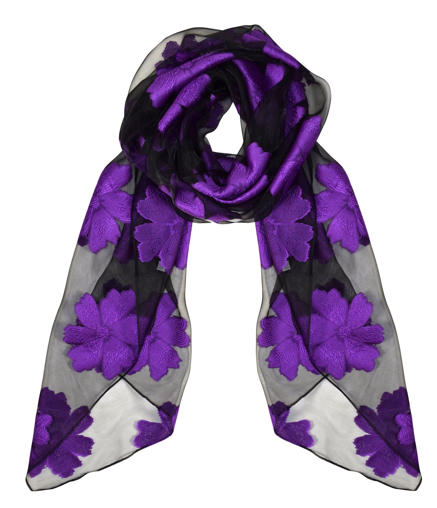 Wholesale Bulk Lot Floral Embroidered Burnout Lightweight Summer Scarf Black Purple Reseller Pack