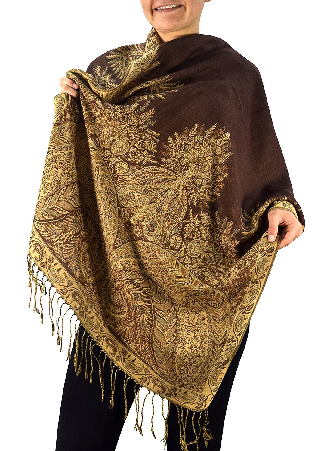 Wholesale Bulk Lot 27x72 Brown Paisley Border Pashmina Shawl Scarf for Resellers