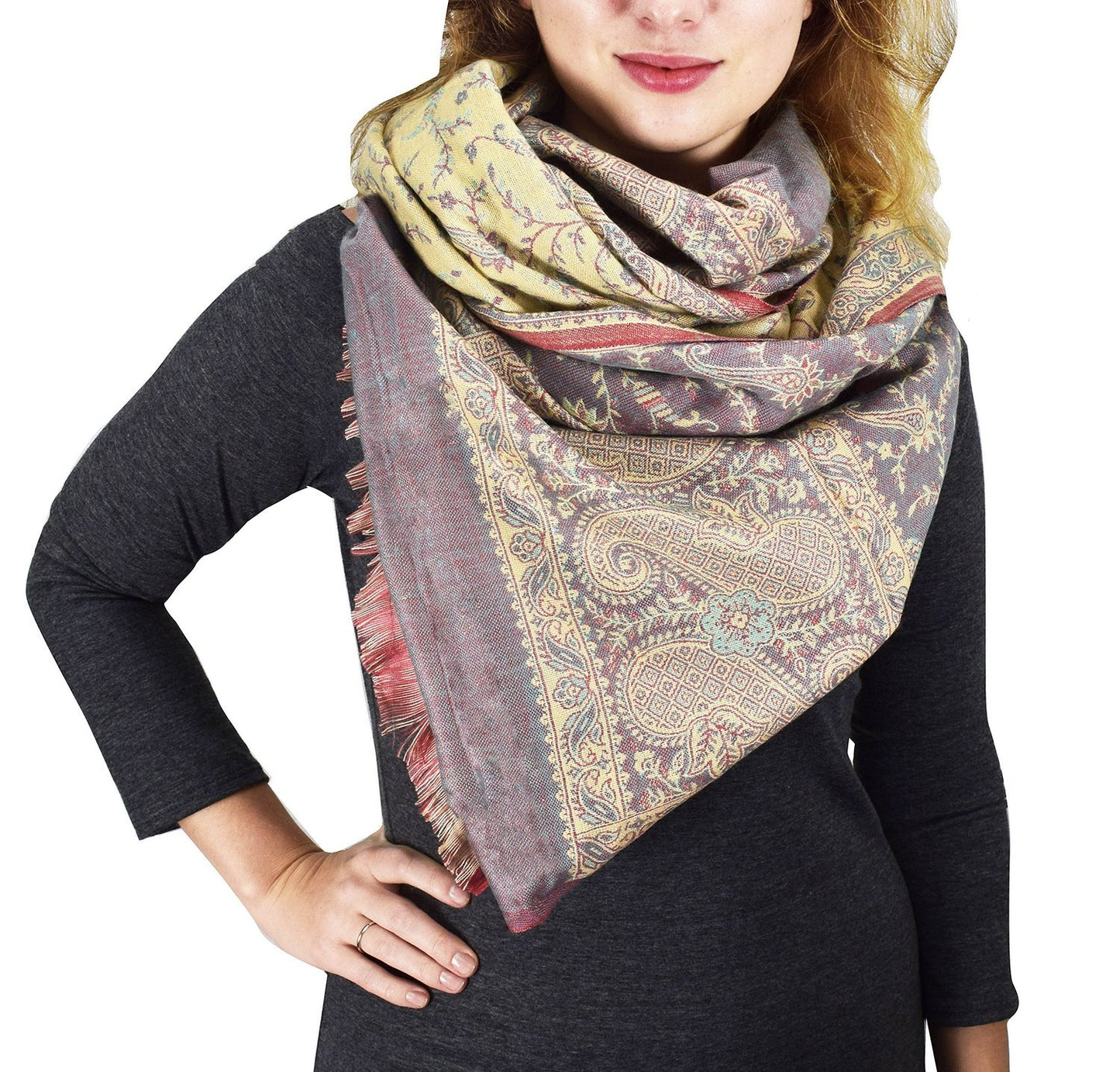 Wholesale Bulk Lot Reversible Paisley Pashmina Scarf Thick 4 Ply Taupe Coral Shawl Wrap for Reseller