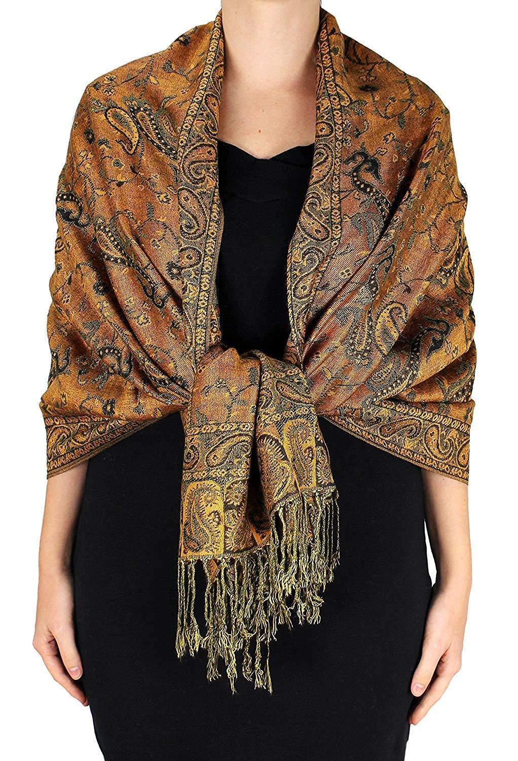 Wholesale Bulk Lot Reversible Paisley Pashmina Shawl Double Layer Pumpkin Scarf for Resellers