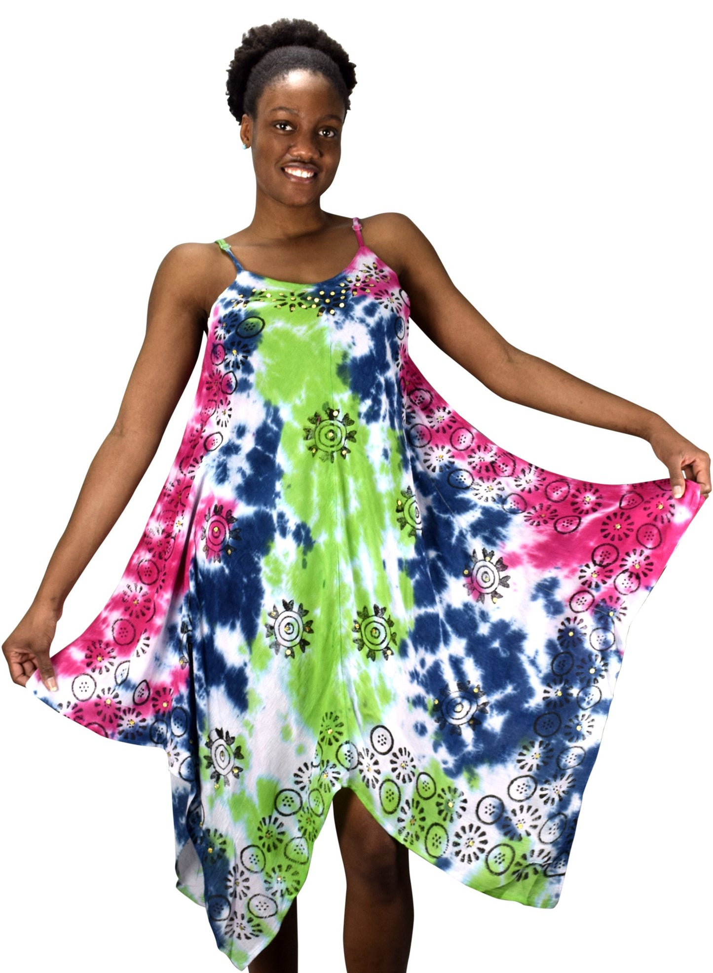 Wholesale Bulk Lot: Floral Tie Dye Sleeveless Handkerchief Hem Dress Navy Green XL