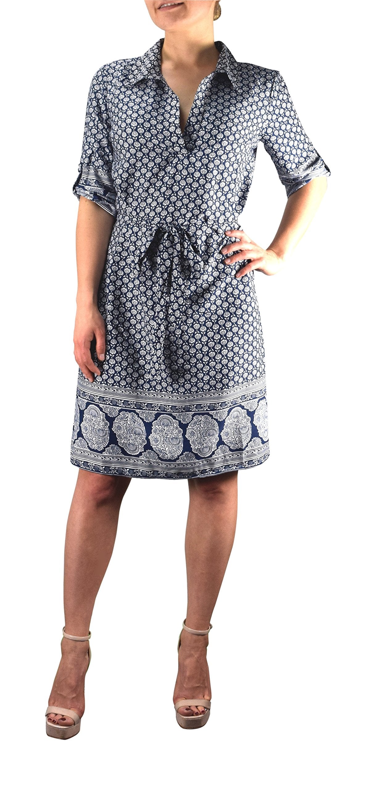Wholesale Bulk Lot: Navy White Floral V-Neck Shift Dress 3/4 Sleeve Tie Size Small