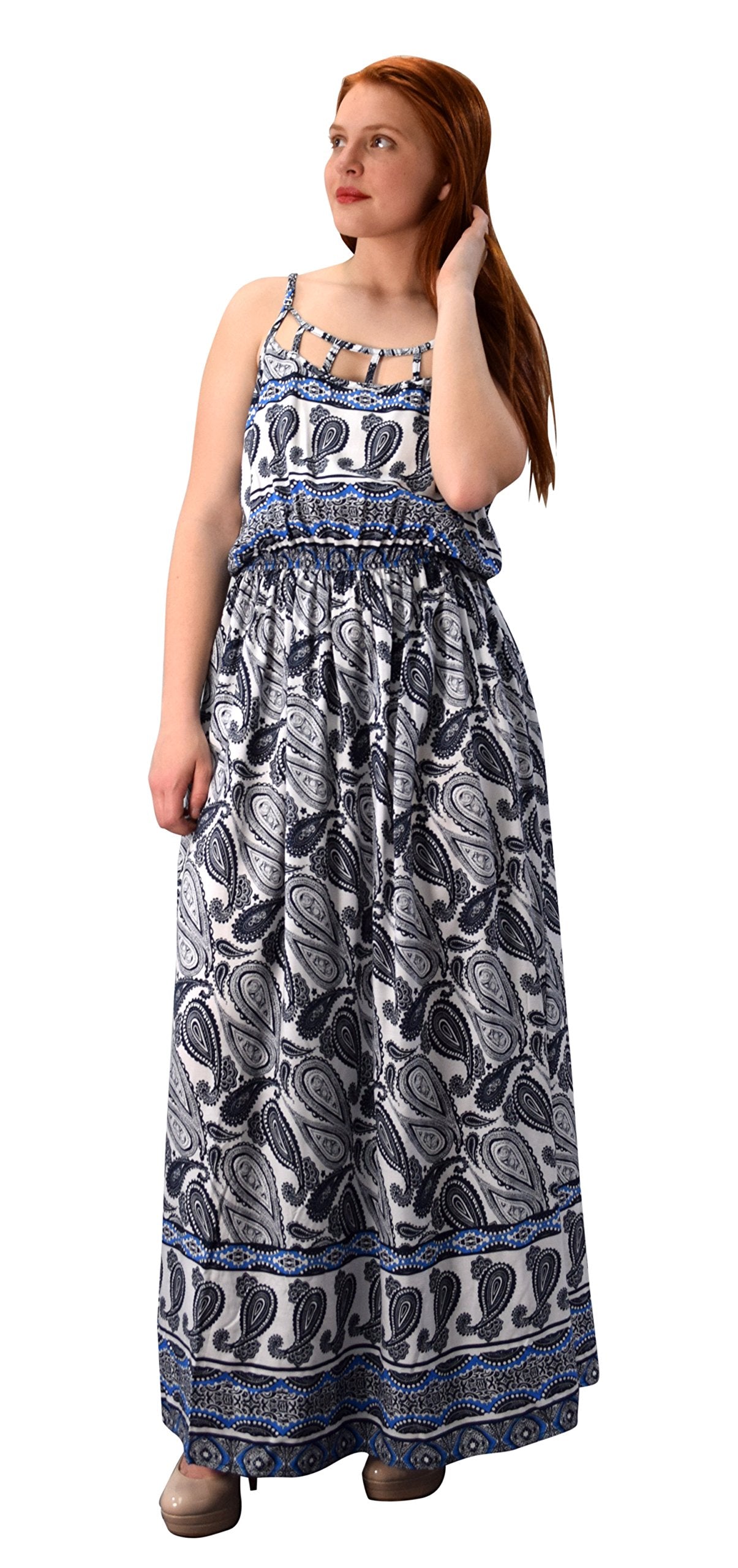 Wholesale Bulk Lot: Paisley Cut Out Neck Smocked Summer Maxi Dress Navy Medium