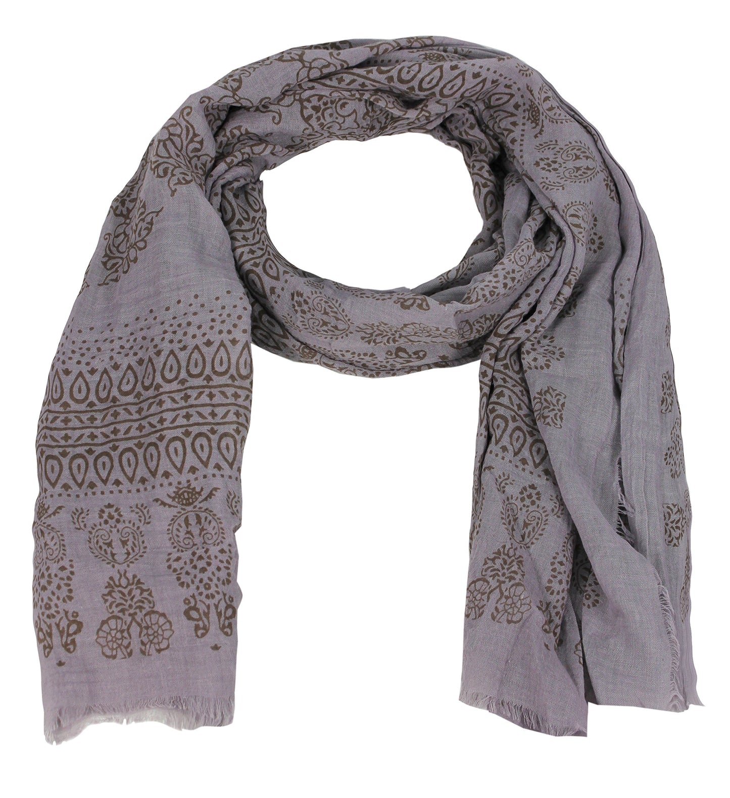 Bulk Lot: Grey Heavenly Henna Paisley Printed Lightweight Eyelash Fringe Scarf for Resellers