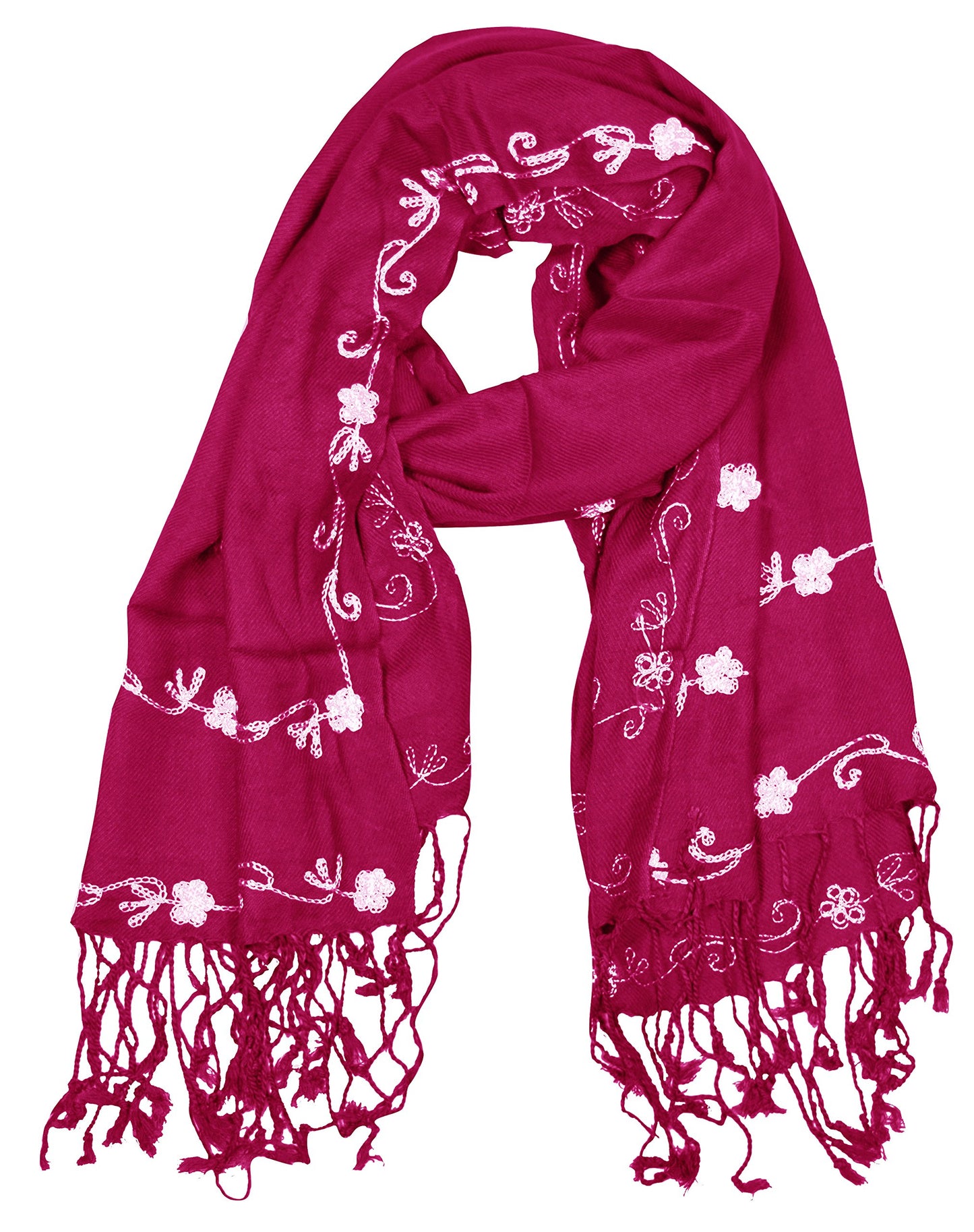 Wholesale Bulk Lot: Hand Embroidered Floral Two Color Pashmina Shawl Scarf Fuschia Reseller Pack