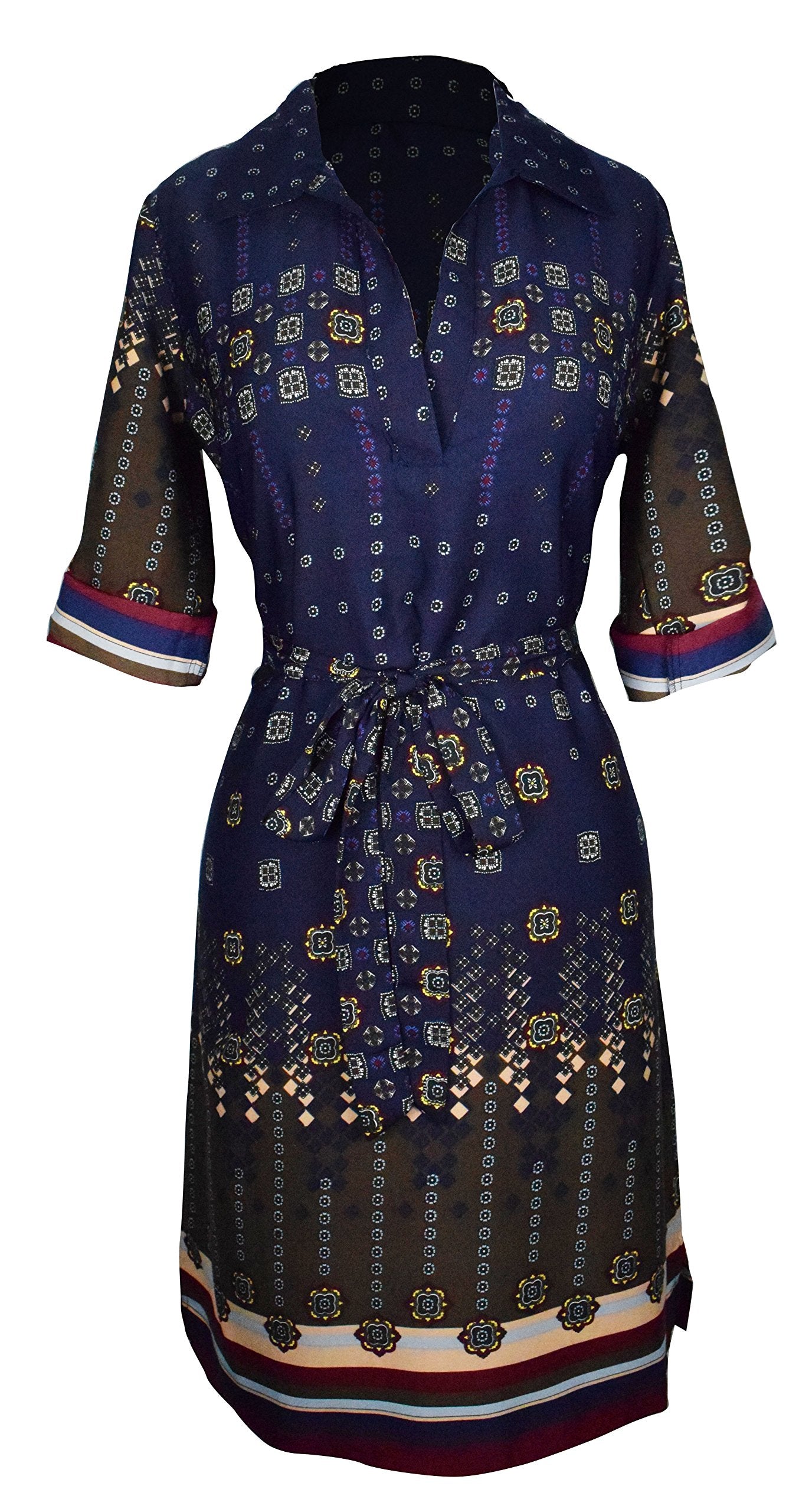 Wholesale Bulk Lot: Women's V-Neck Patterned 3/4 Sleeve Tie Waist Shift Dress Small
