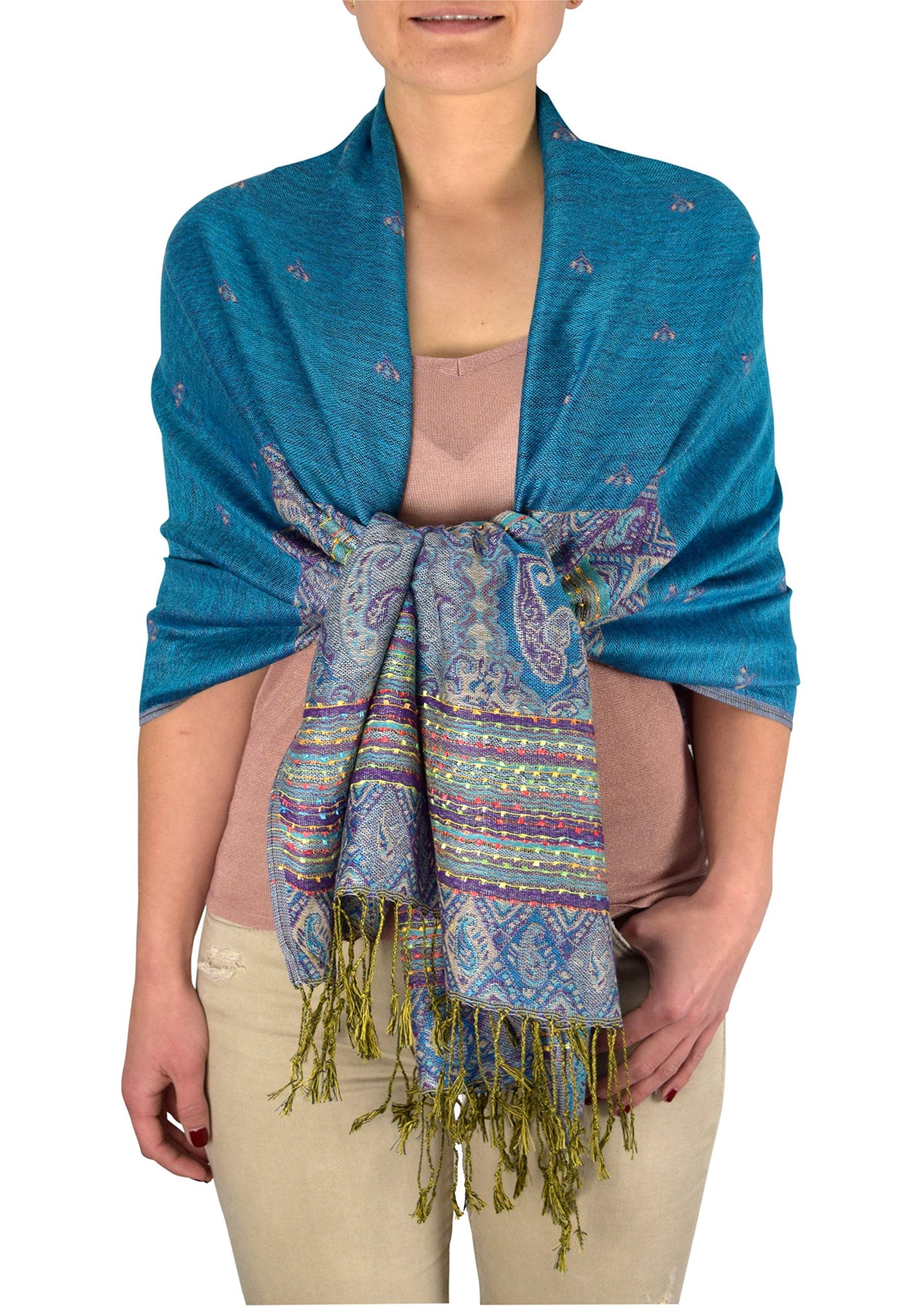 Wholesale Bulk Lot Tribal Ethnic Border Reversible Bohemian Pashmina Shawl Turquoise for Resellers