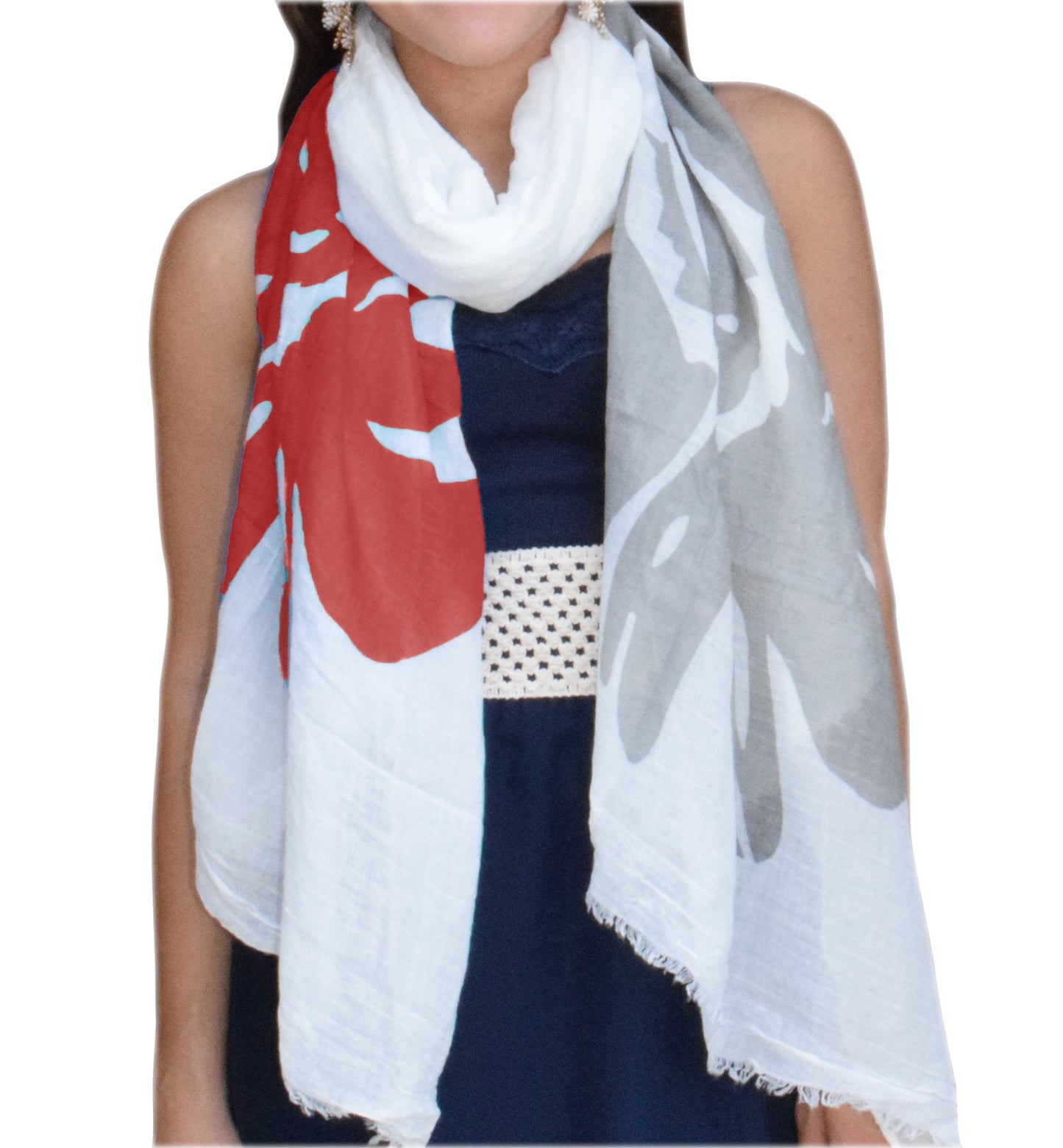 Wholesale Bulk Lot: Coral Flower Boho Fringe Scarf Shawl with Faded Nature Tree Print for Resellers