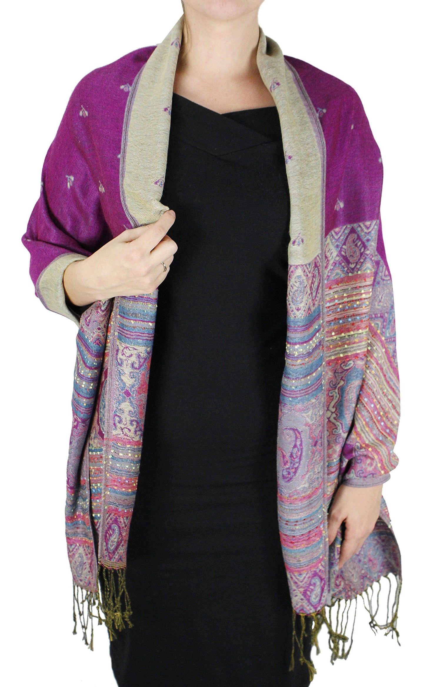 Wholesale Bulk Lot Tribal Design Reversible Bohemian Pashmina Shawl Fuchsia Scarf for Resellers