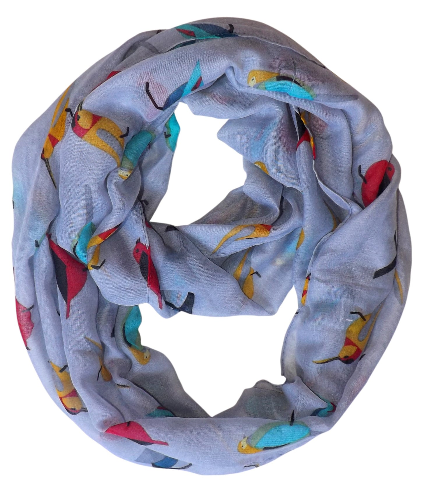 Wholesale Bulk Lot: Vintage Finch Bird Print Grey Sheer Infinity Loop Scarf Reseller Pack