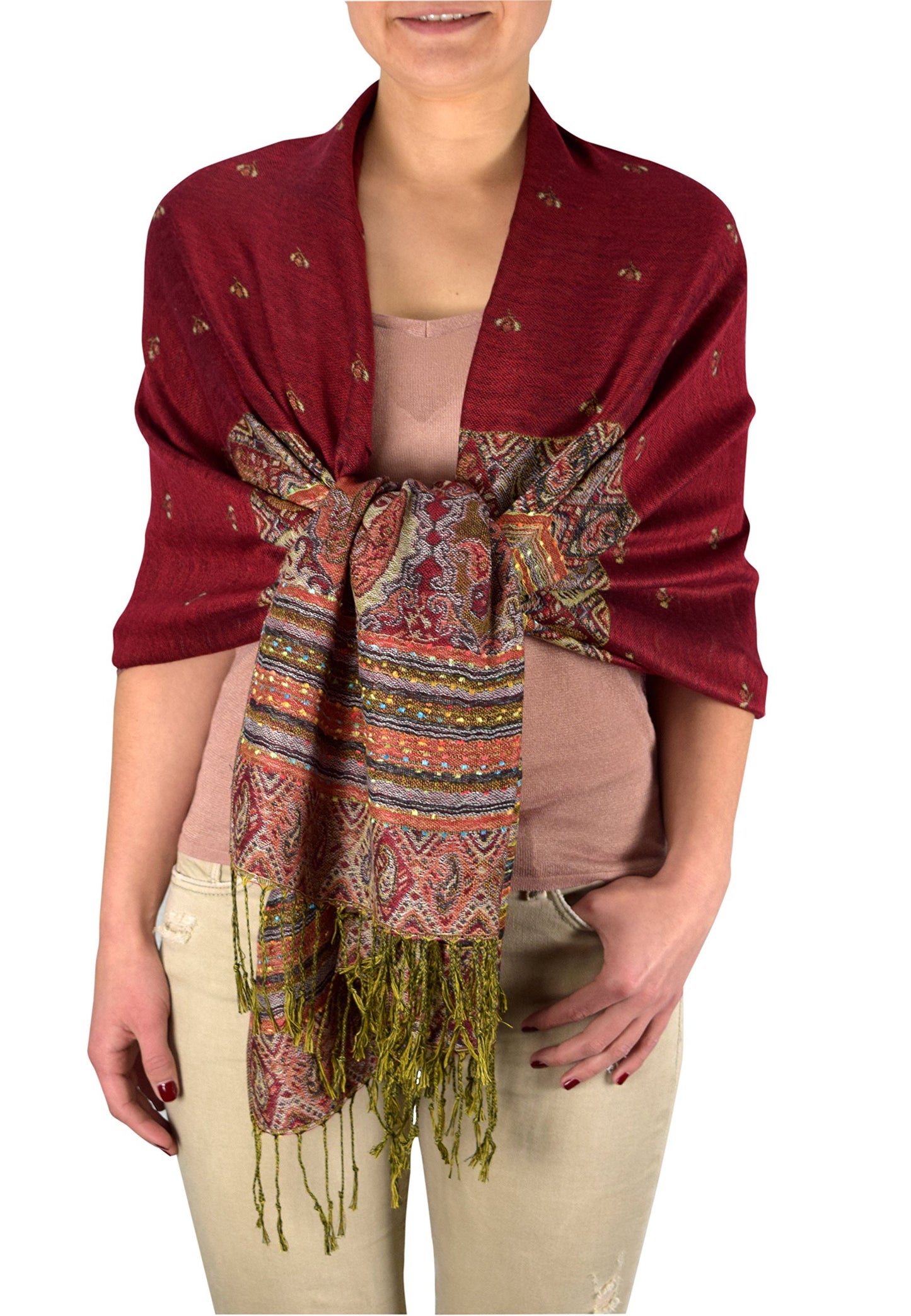 Wholesale Bulk Lot Reversible Ethnic Tribal Bohemian Pashmina Shawl Maroon Scarf for Resellers