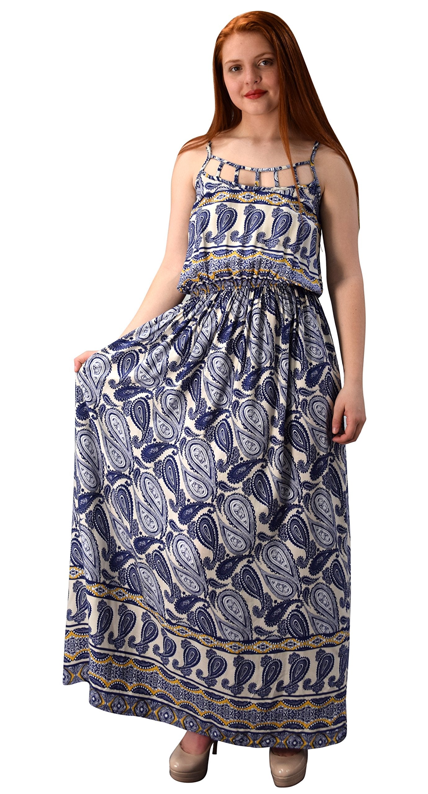 Wholesale Bulk Lot: Paisley Cut Out Smocked Summer Maxi Dress Navy Orange Large