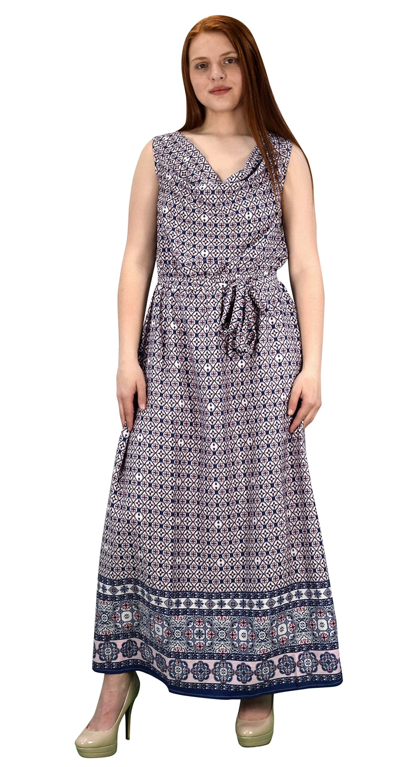 Wholesale Bulk Lot: Cowl Neck Sleeveless Bow Belt Summer Maxi Dress Blue Large