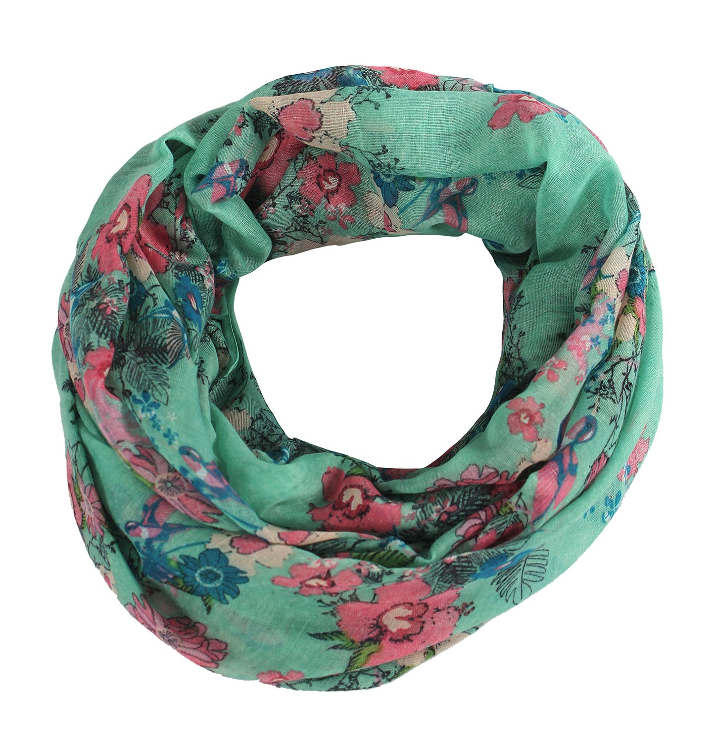 Wholesale Bulk Lot: Red Cherry Blossom Floral Print Infinity Loop Scarf Sea Green Reseller Pack