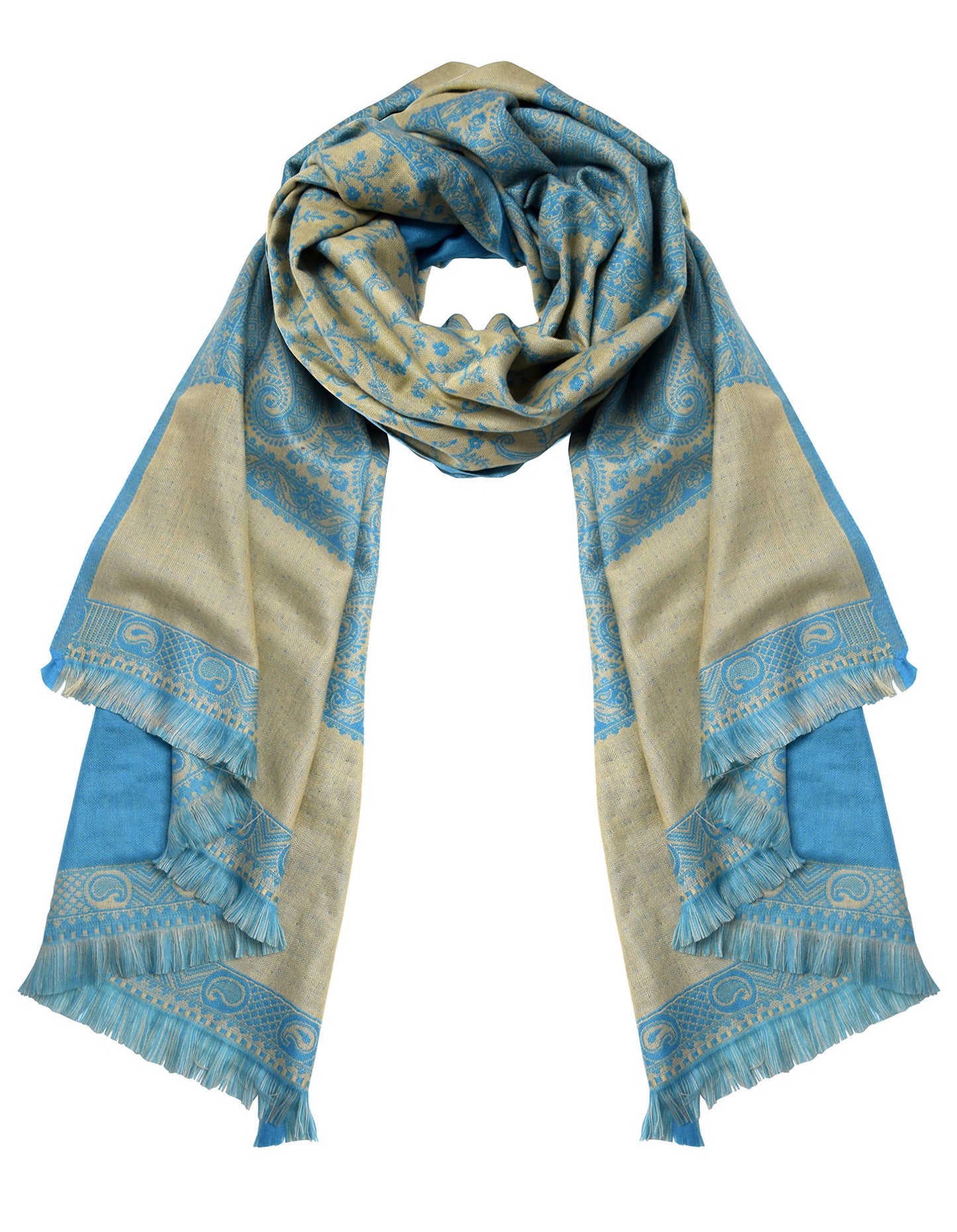 Wholesale Lot Reversible Paisley Pashmina Thick 4 Ply Turquoise Tan Blanket Scarf Wrap for Resellers