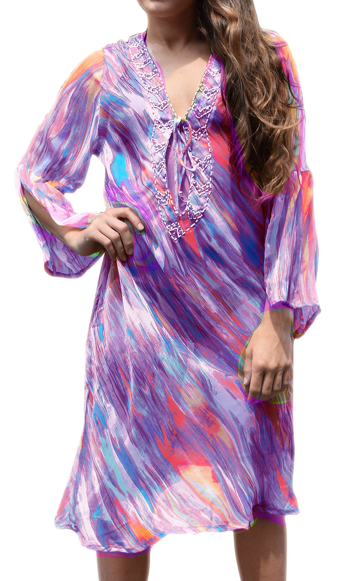 Wholesale Bulk Lot Sheer Print Swim Dress Cover Up Reseller Purple Medium Tunic