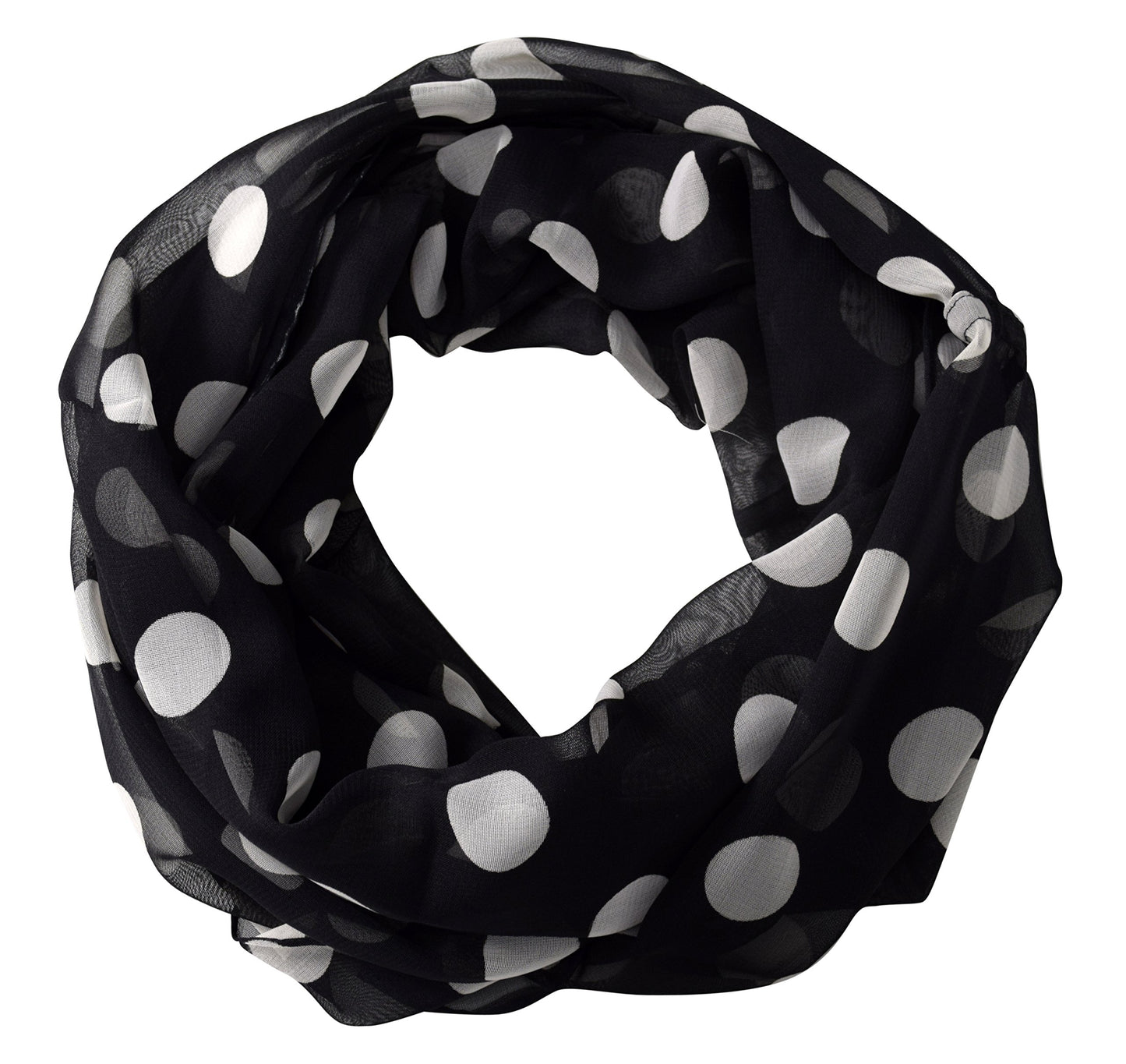 Wholesale Bulk Lot: Sheer Speckled Polka Dot Circle Print Infinity Loop Scarf Black Reseller Pack