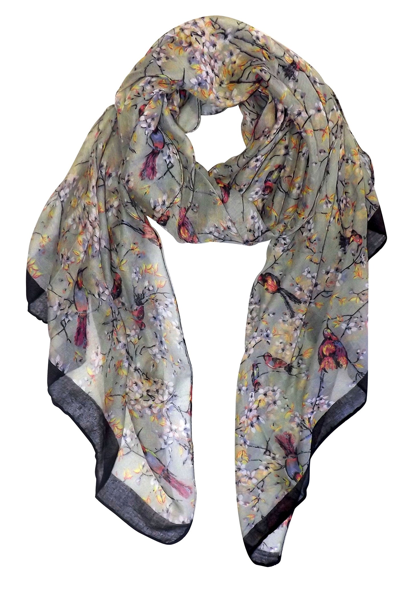 Wholesale Bulk Lot: Vintage Floral Sakura Hummingbird Print Sheer Scarf Taupe for Resellers