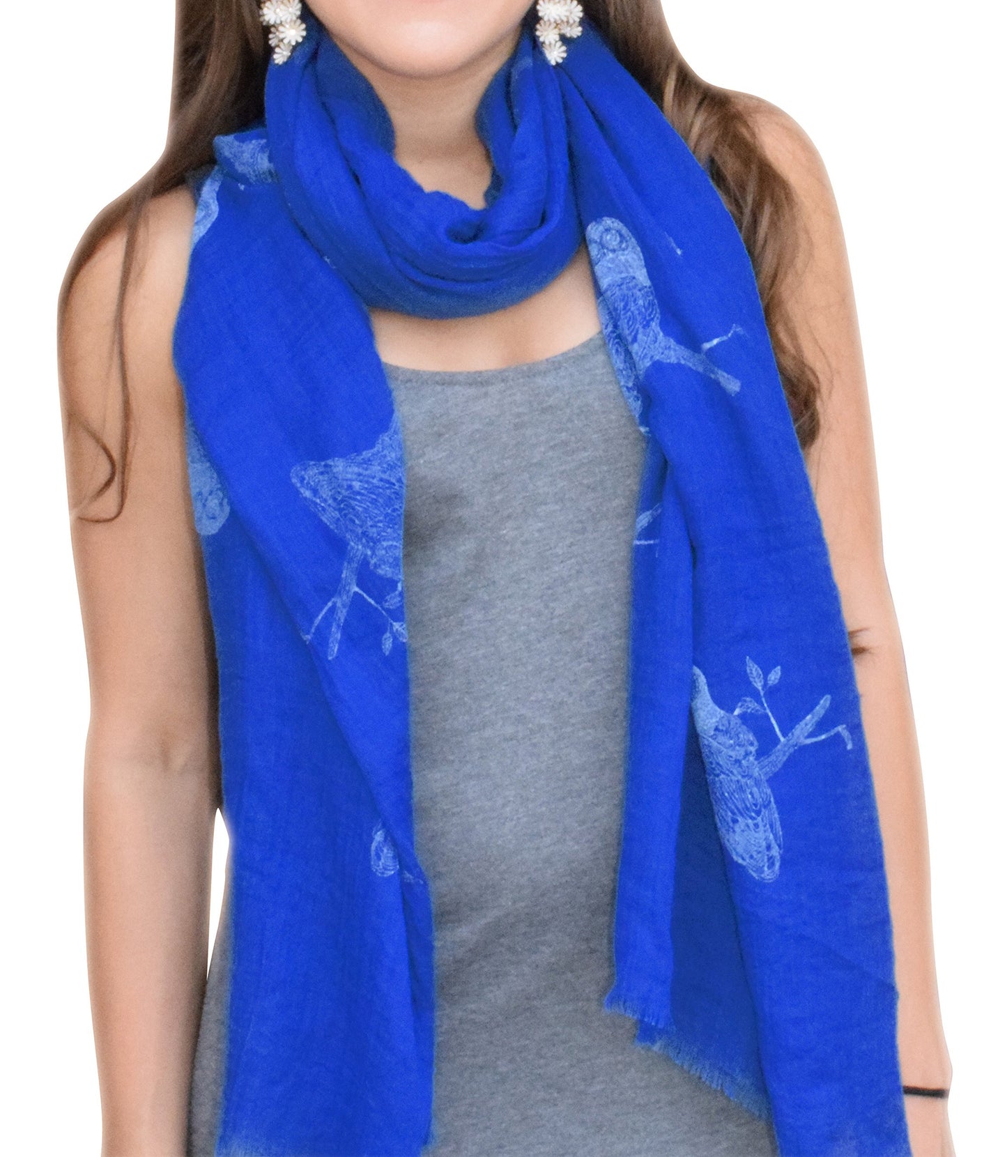 Wholesale Bulk Lot: Colorful Graphic Owl Print Scarf with Eyelash Fringe White Blue Reseller Pack