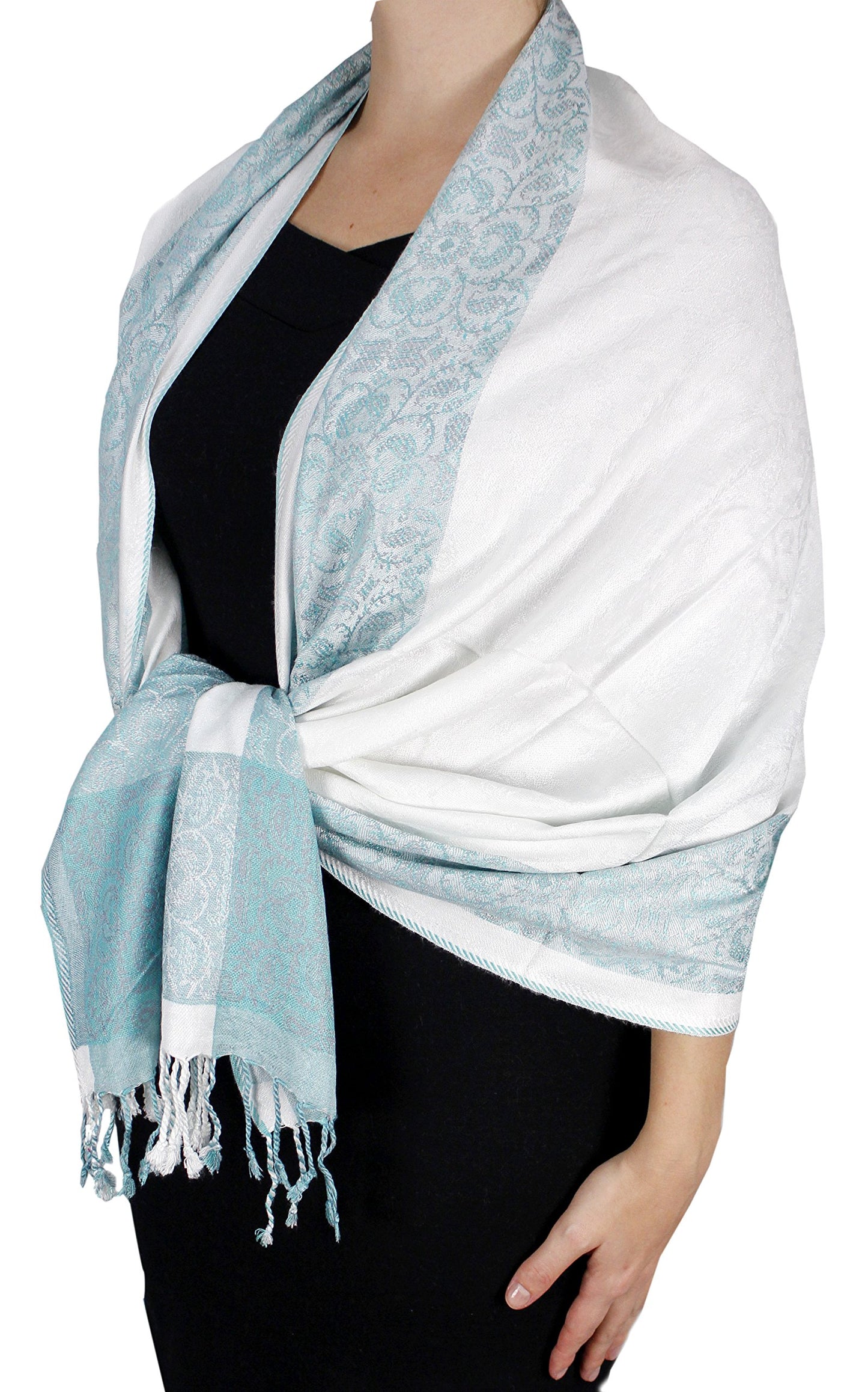 Wholesale Lot Reversible Paisley Floral Pashmina Wrap Shawl White Teal Bulk Reseller Scarf