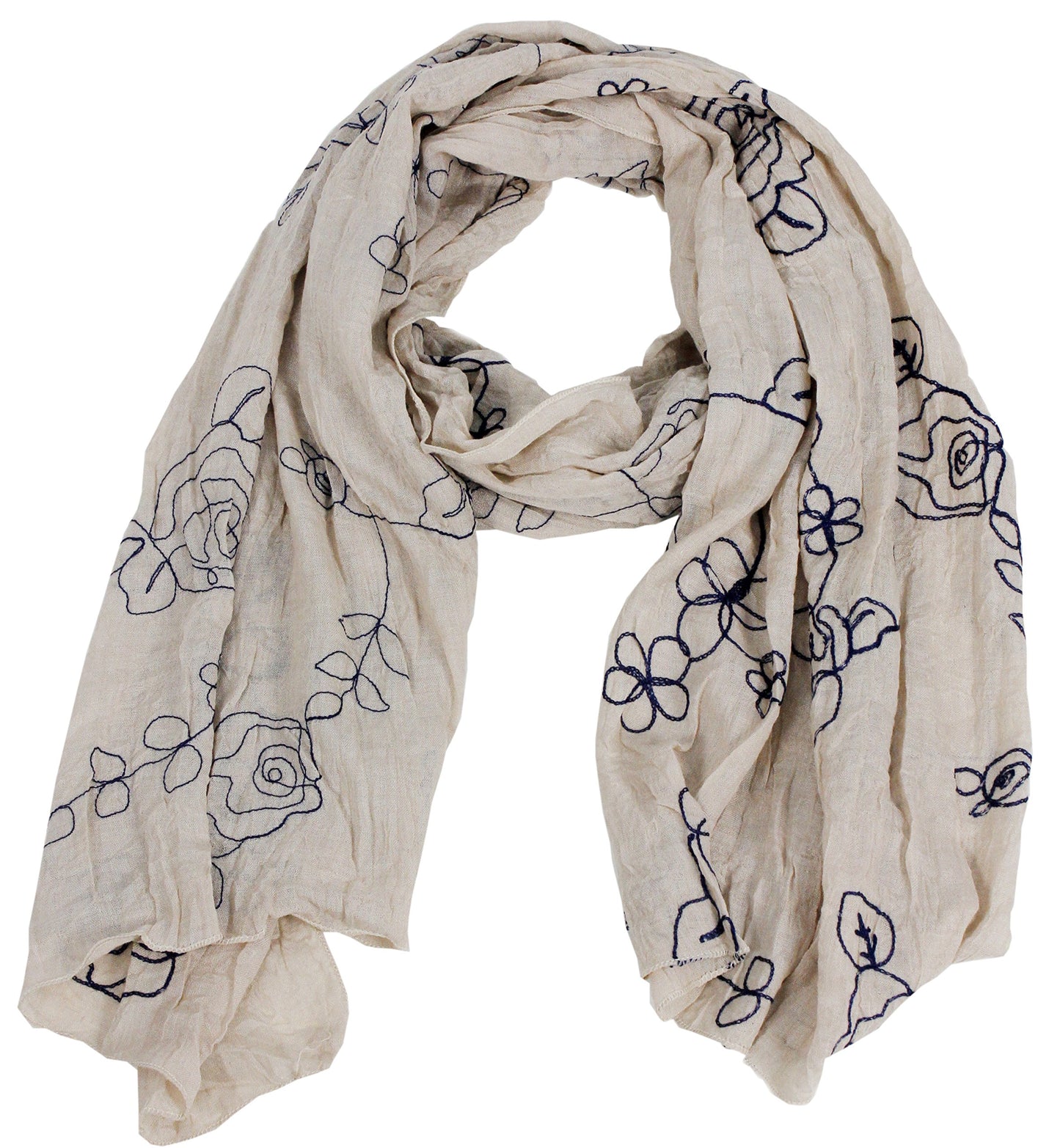 Wholesale Bulk Lot: Intricate Floral Pansy Embroidered Lightweight Summer Scarf Wrap Cream Reseller