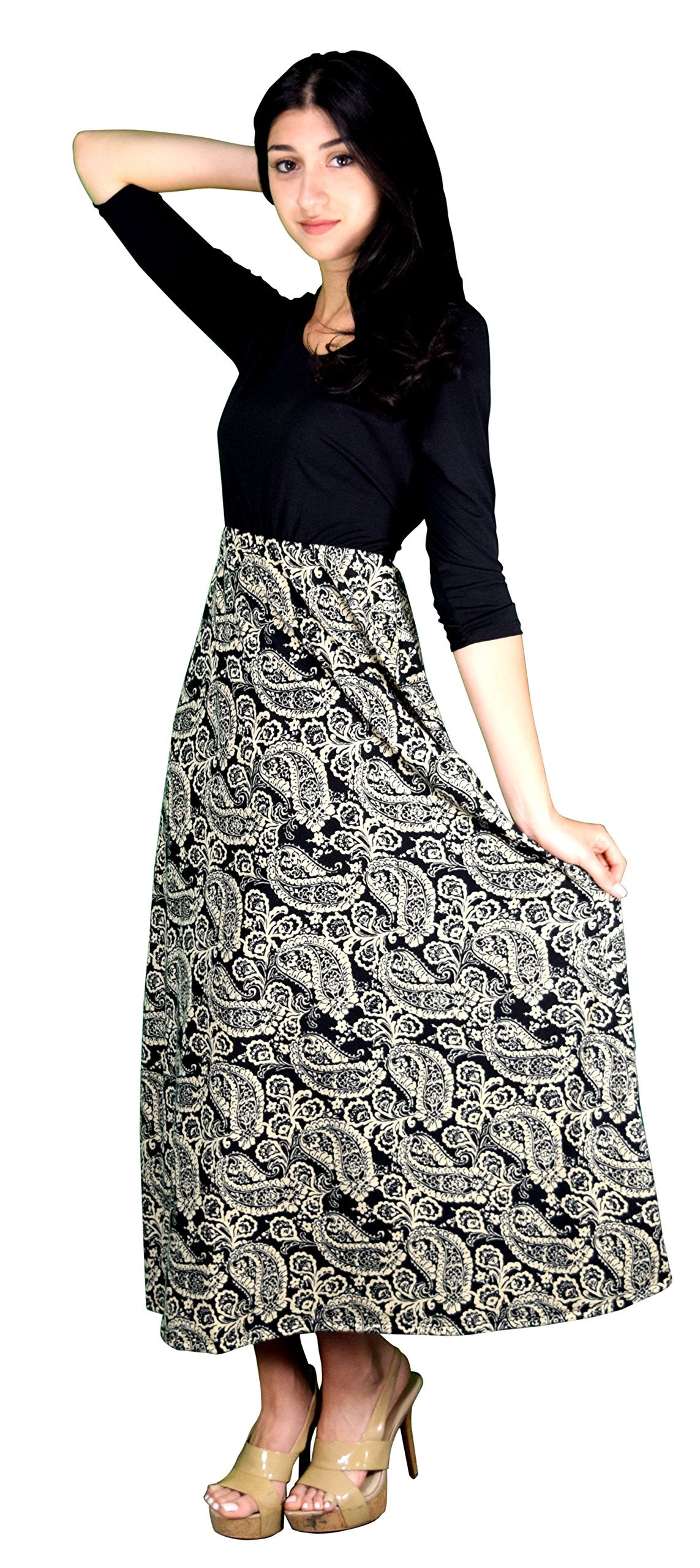 Wholesale Bulk Lot: ¾ Sleeve Black Paisley Tie Waist Maxi Dress Medium Cream