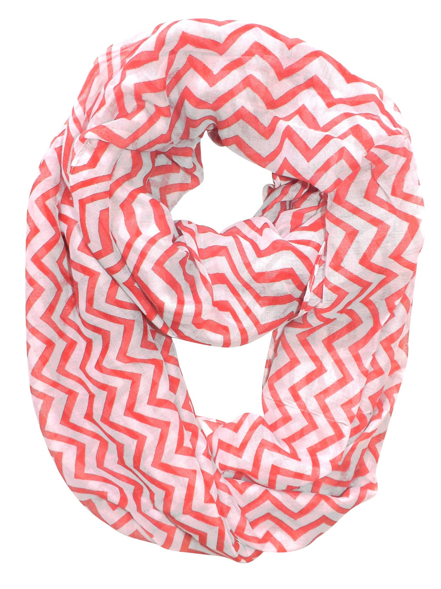Wholesale Bulk Lot: Sheer Chevron Infinity Loop Scarf Coral & White Lightweight Reseller Pack