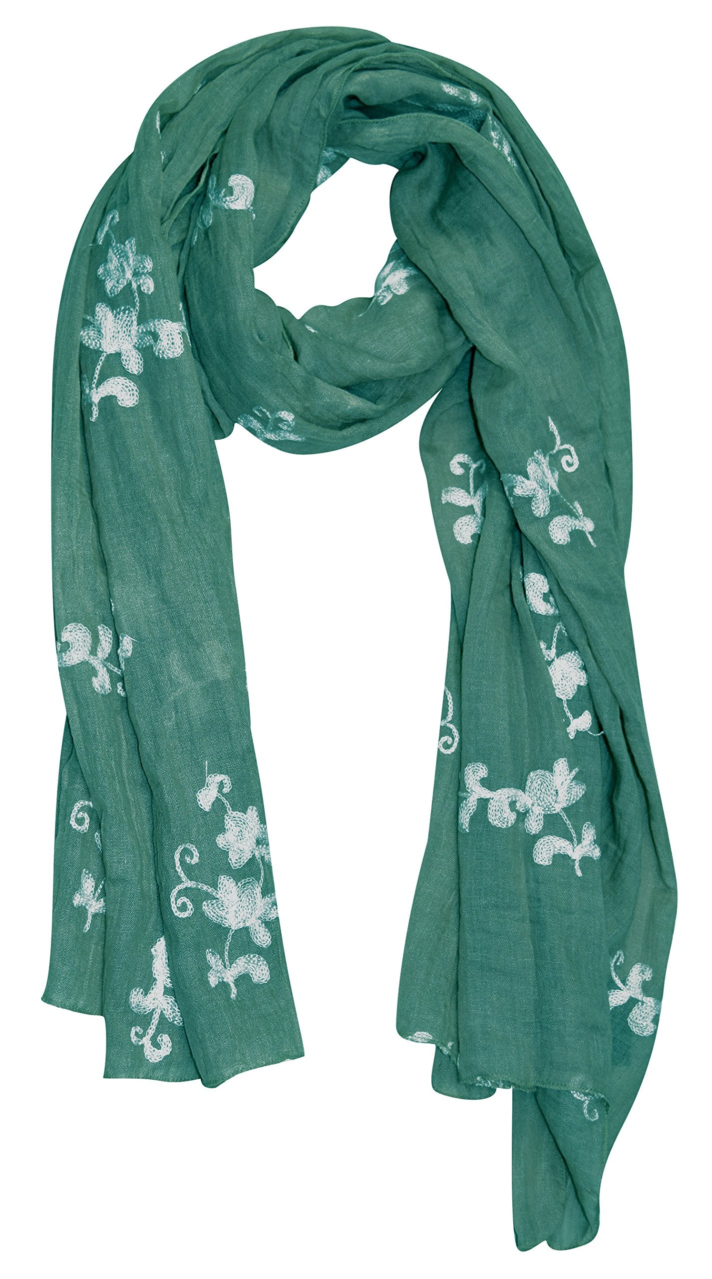 Wholesale Bulk Lot: Intricate Floral Pansy Embroidered Green Light Weight Summer Shawl Scarf Wrap