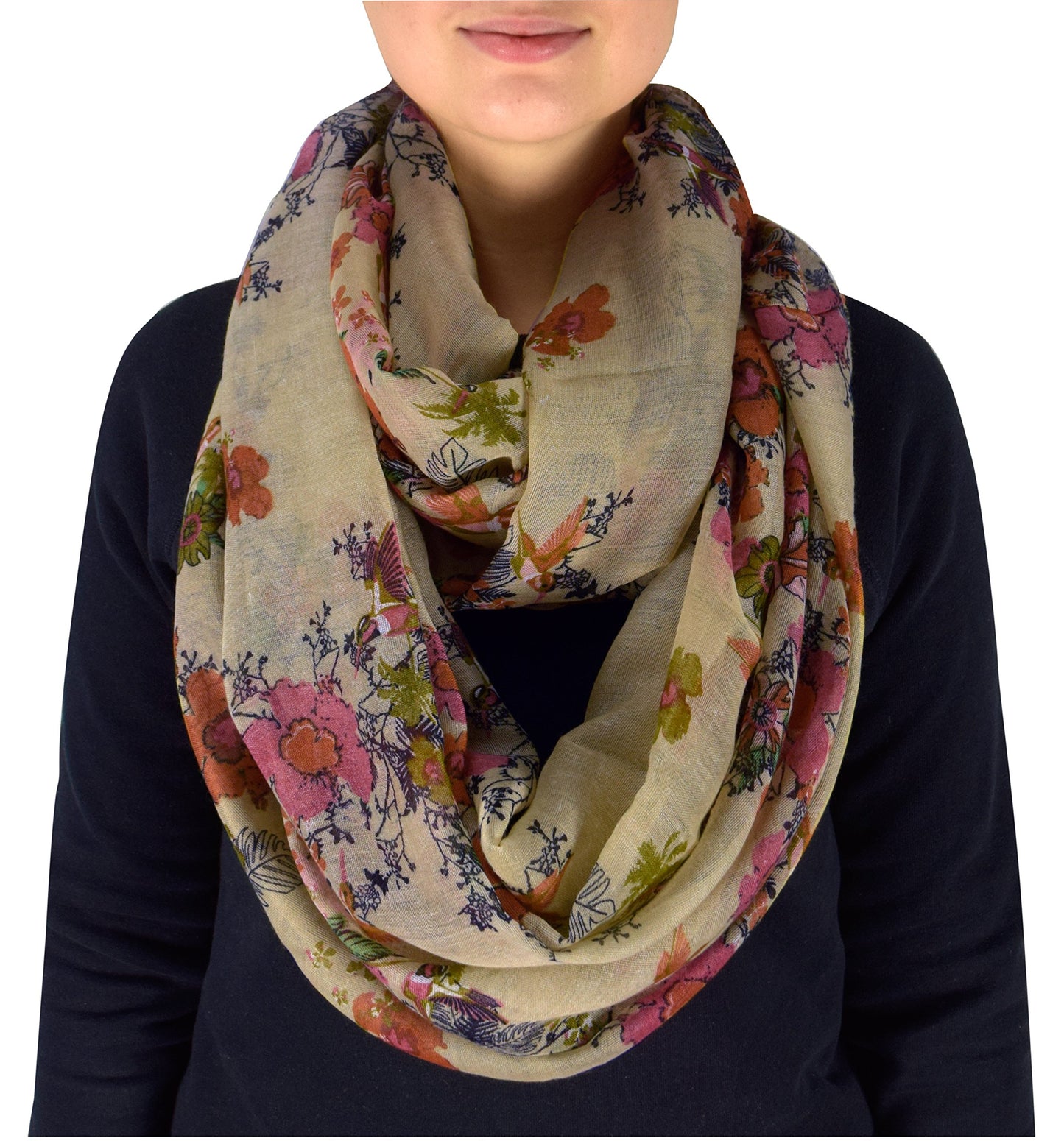 Wholesale Bulk Lot: Cherry Blossom Floral Print Infinity Loop Scarf in Taupe for Resellers