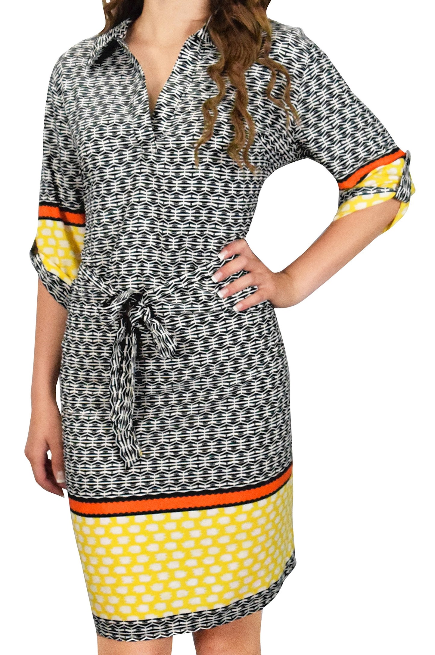 Wholesale Bulk Lot: Yellow Orange Pattern V-Neck Tie Waist Shift Dress Medium