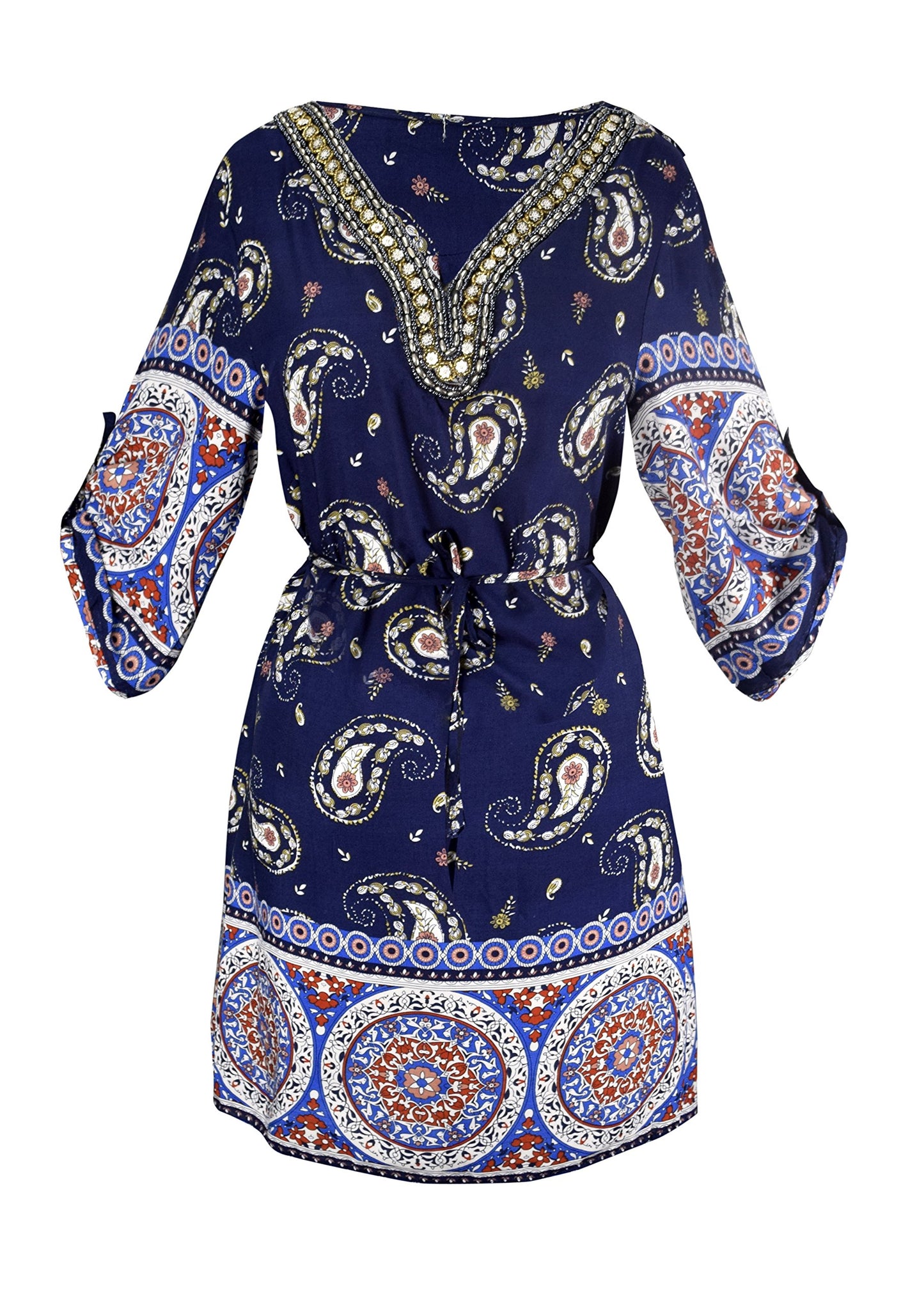 Wholesale Bulk Lot: Women’s Beaded Paisley V-Neck 3/4 Sleeve Tunic Dress Red Small