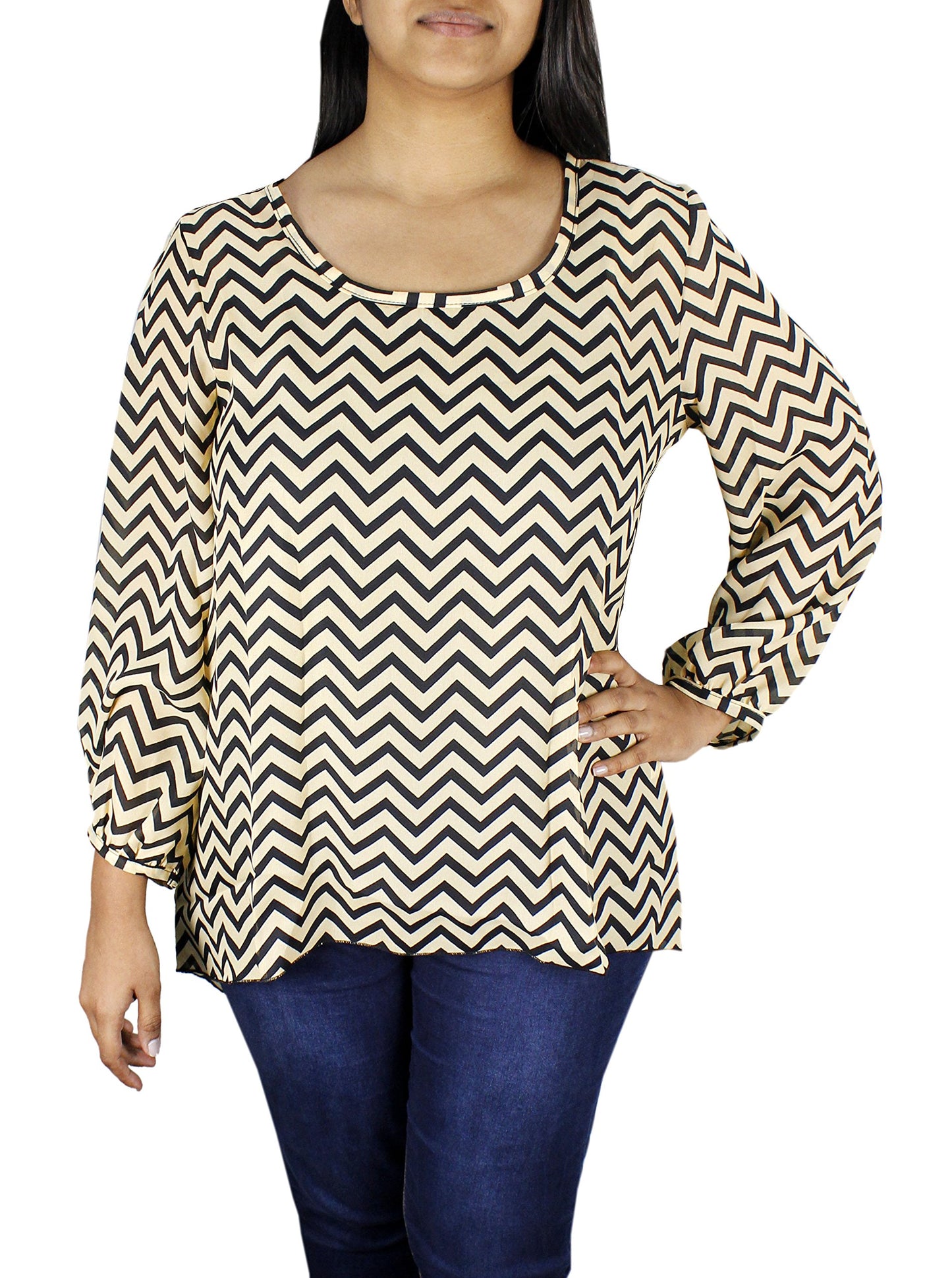 Wholesale Bulk Lot: Chevron Scoop Neck Long Sleeve Blouse, Cream, Size M