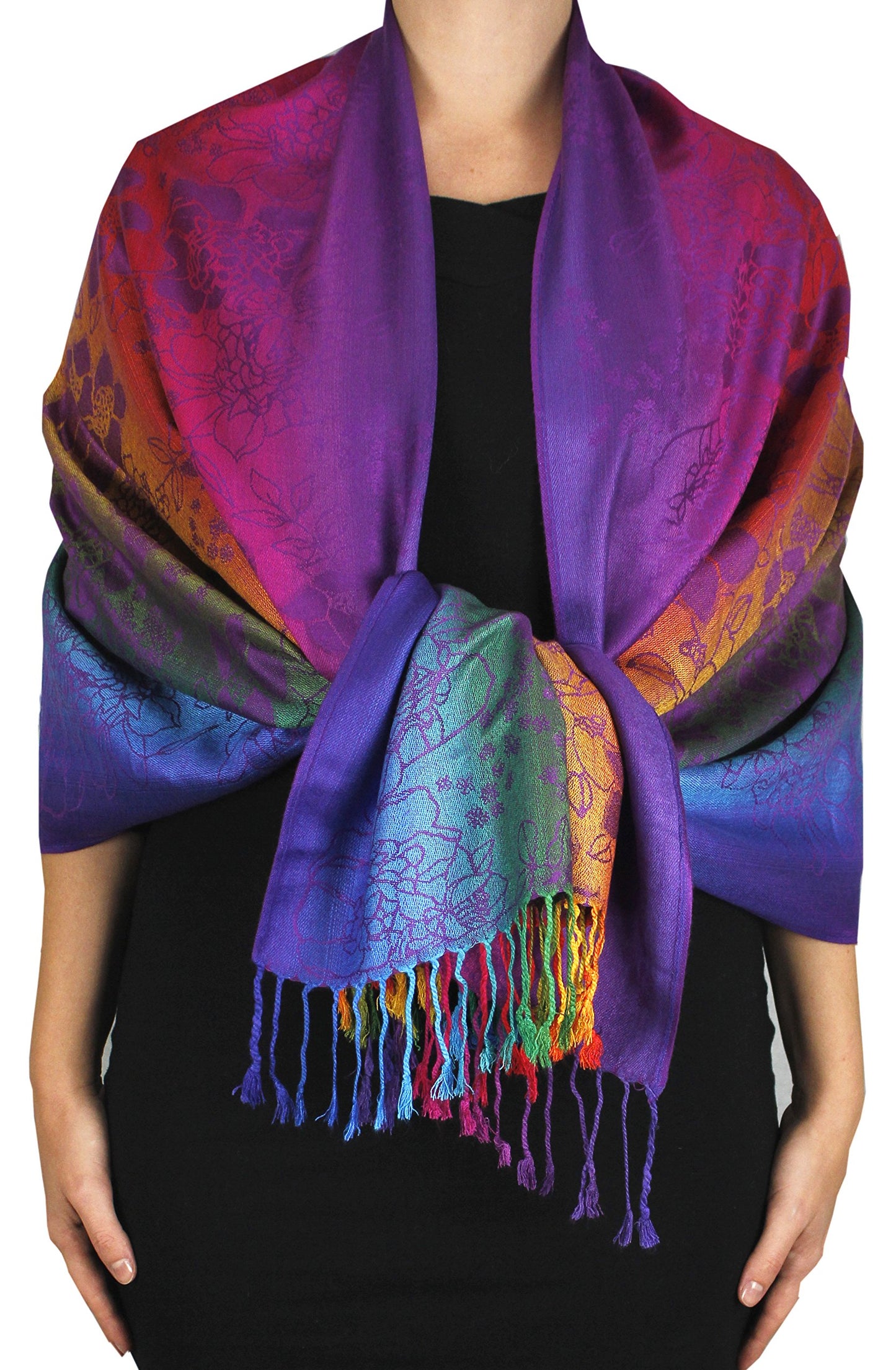 Wholesale Bulk Lot Rainbow Tropical Hibiscus Floral Silky Pashmina Shawl Scarf for Resellers Purple