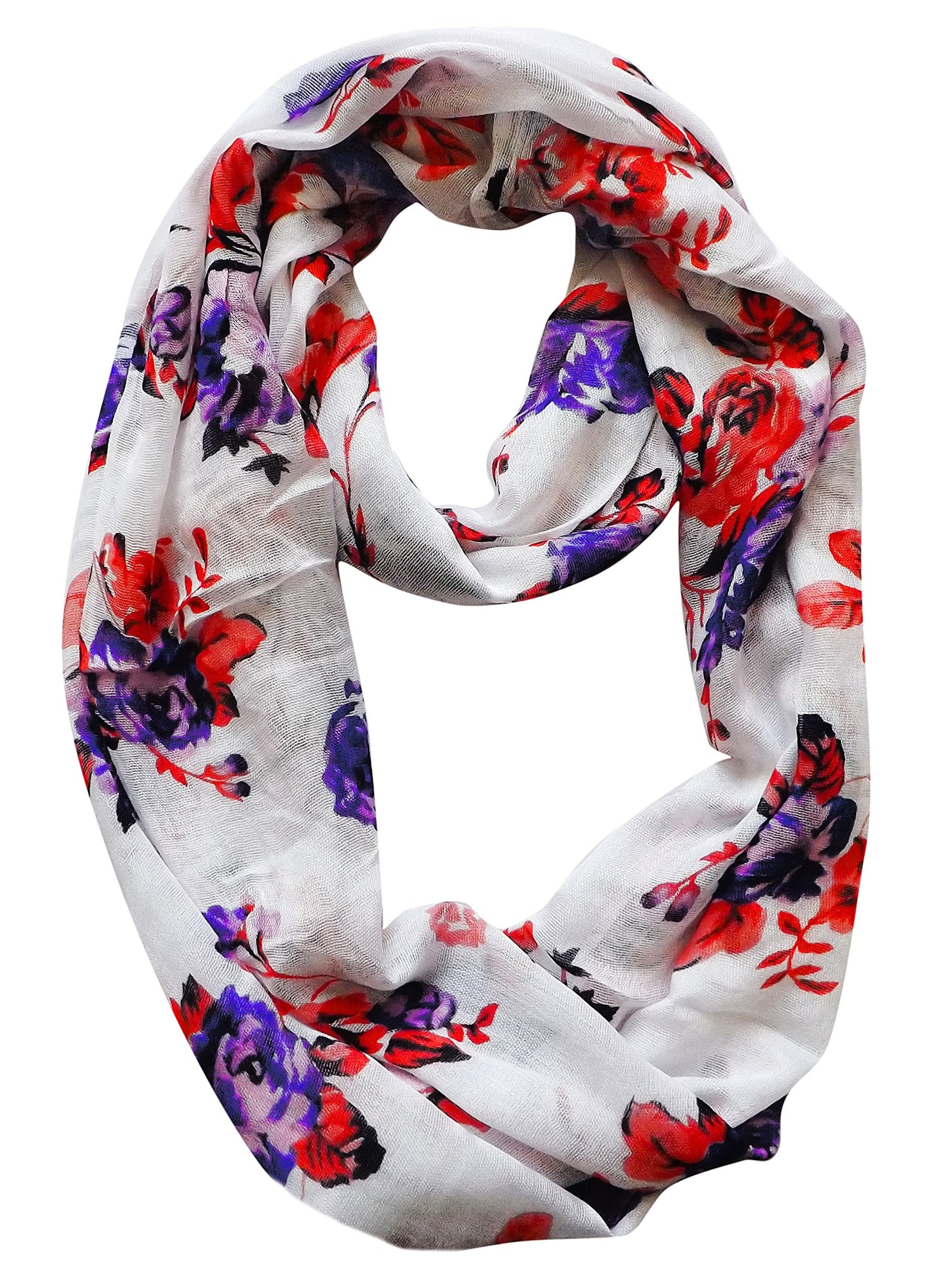 Wholesale Bulk Lot: Graphic Floral Print Infinity Loop Scarf Violet Red Reseller Pack