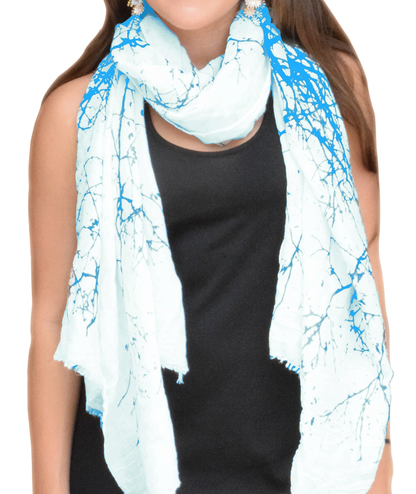 Wholesale Bulk Lot: Blissful Tree Print Cotton Linen Eyelash Fringe Blue Scarf for Resellers