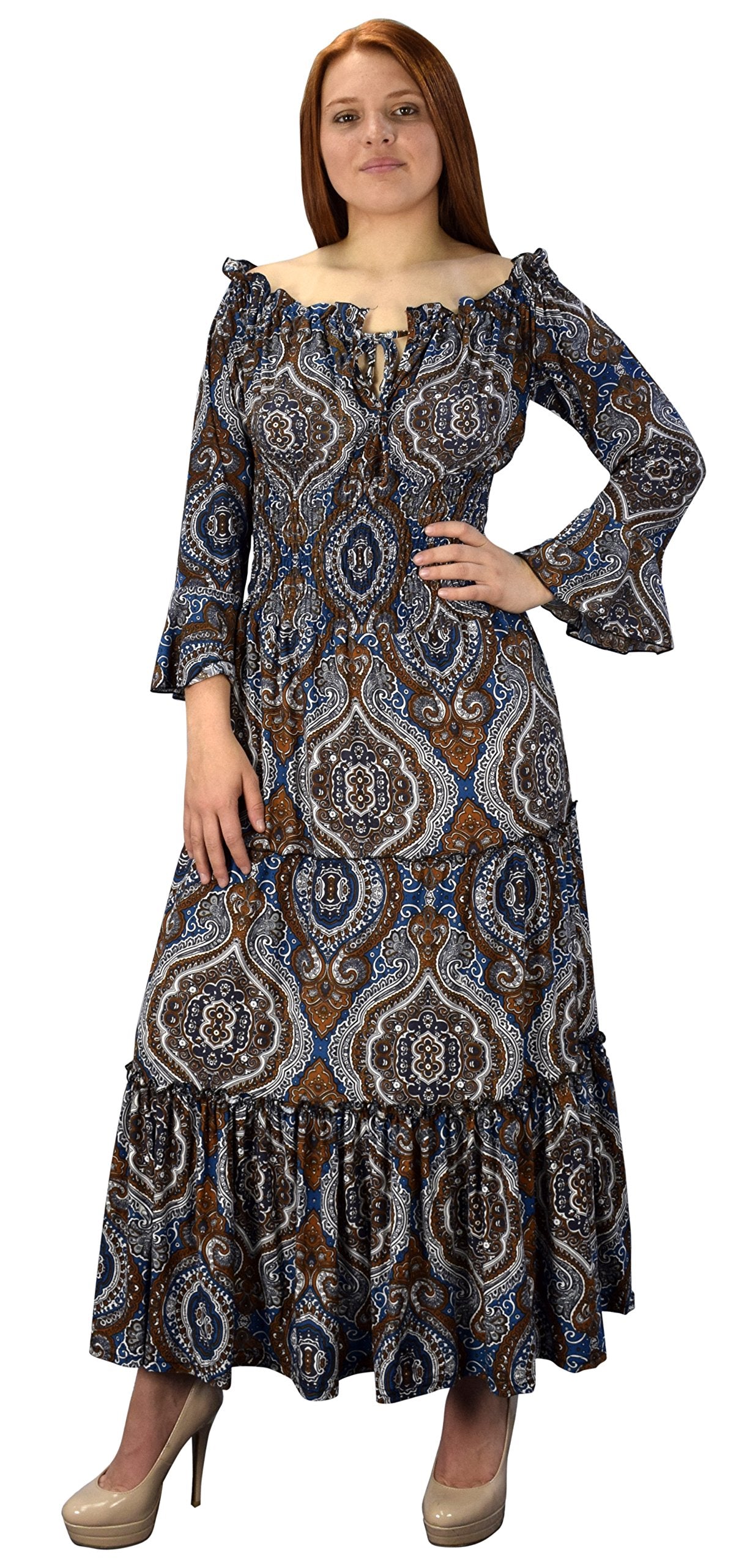 Wholesale Bulk Lot: Blue Brown Gypsy Boho Smocked Renaissance Maxi Dress, Medium