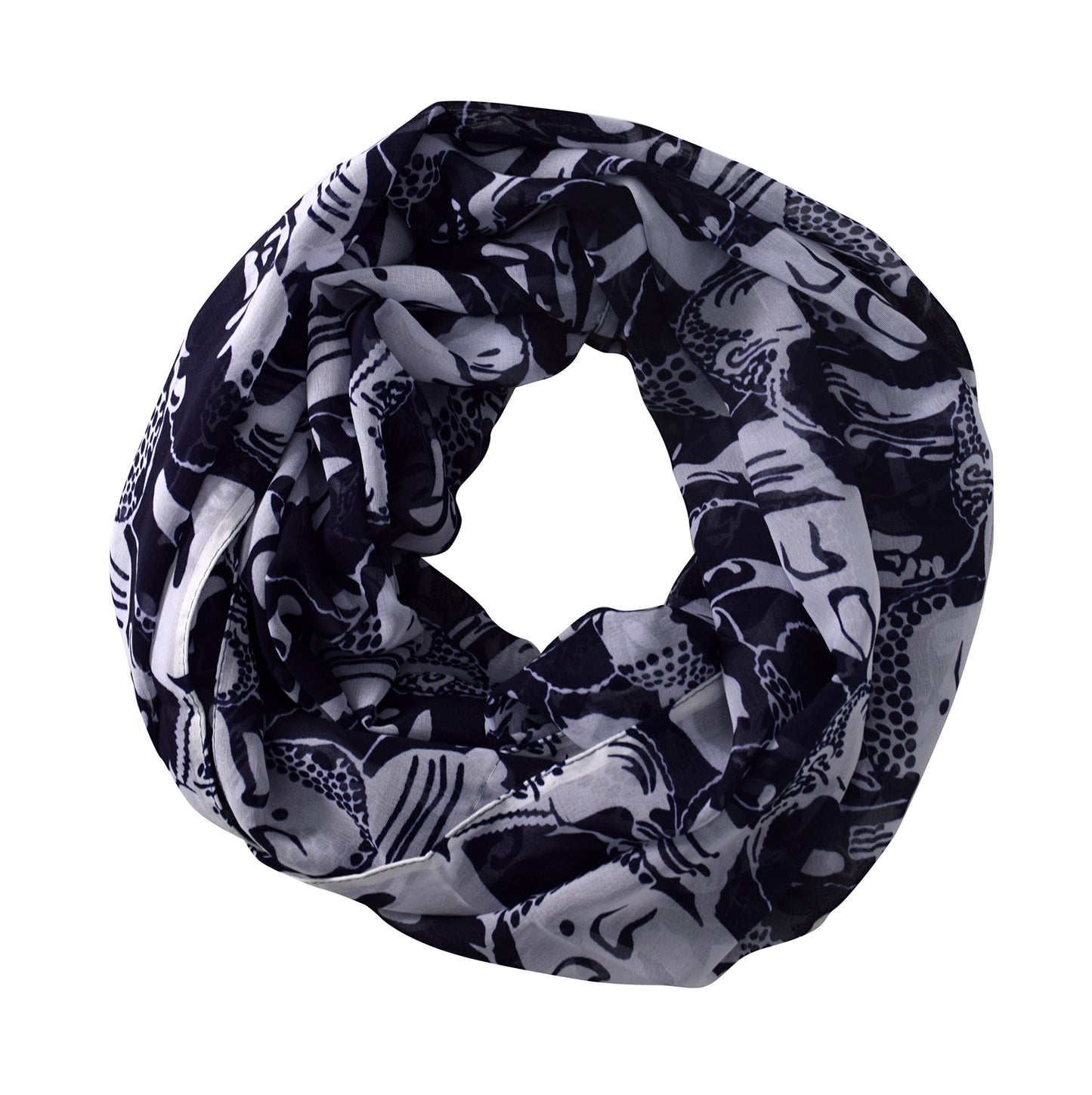 Wholesale Bulk Lot: Navy Buddha Funky Abstract Print Lightweight Infinity Loop Scarf for Resellers