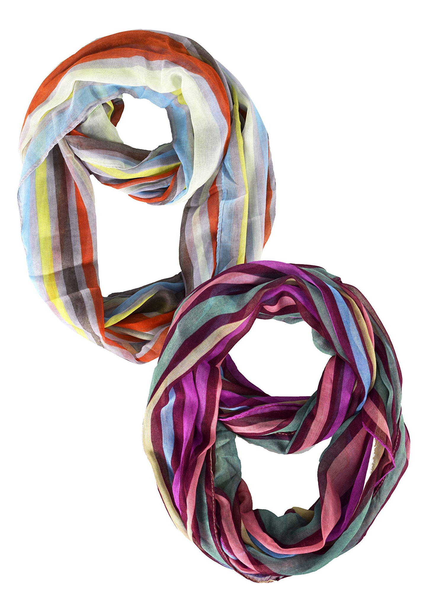 Wholesale Bulk Lot: Striped Print Soft Infinity Loop Scarf 2 Pack Maroon Neon Pink Reseller Pack