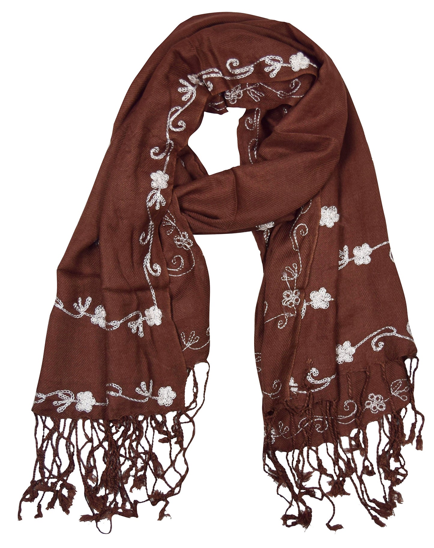 Wholesale Bulk Lot: Embroidered Floral Chocolate Brown Pashmina Shawl Scarf Reseller Pack