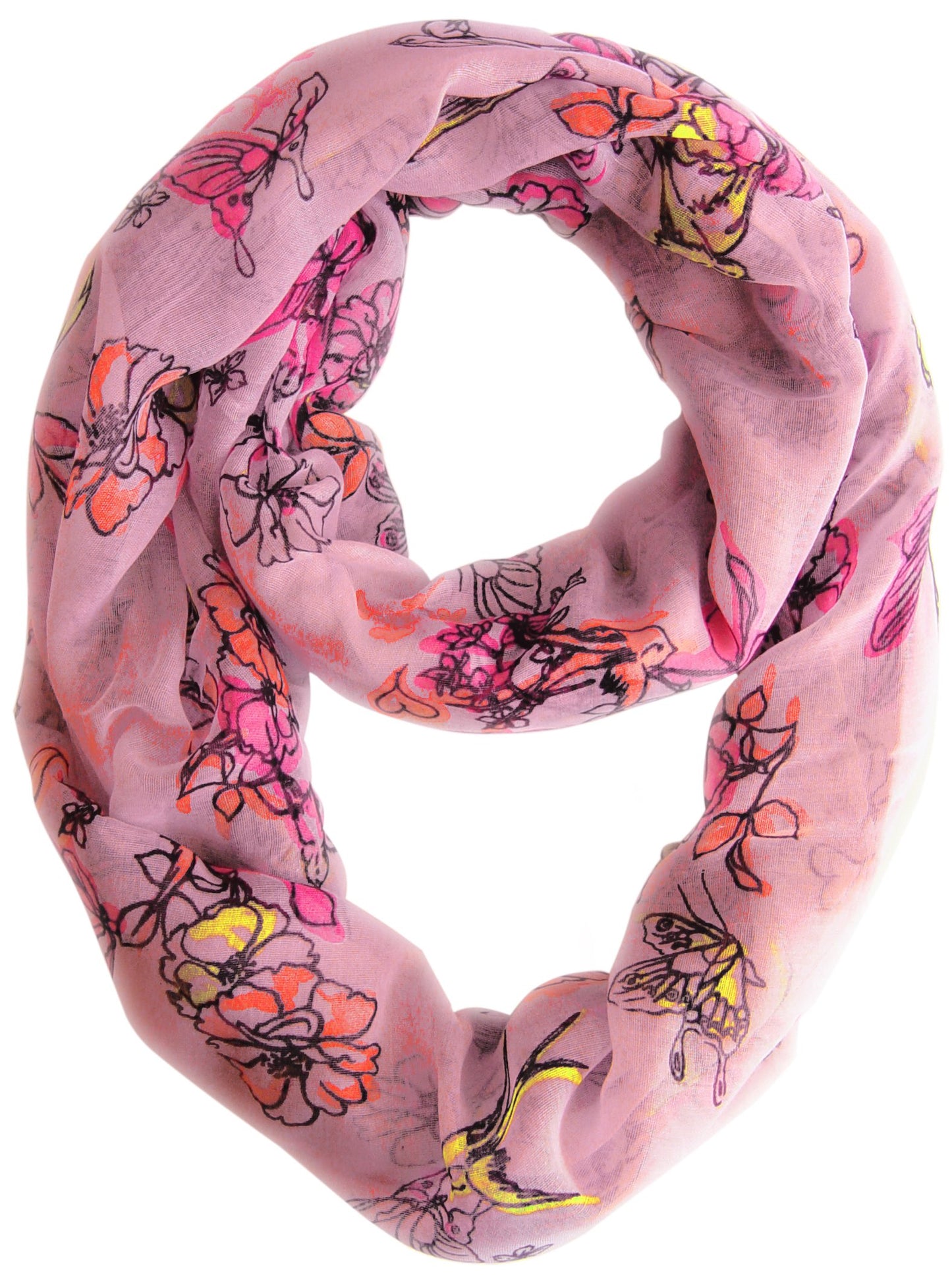 Wholesale Lot: Red Cherry Blossom Floral Print Infinity Loop Scarf Bright Pink Reseller Pack