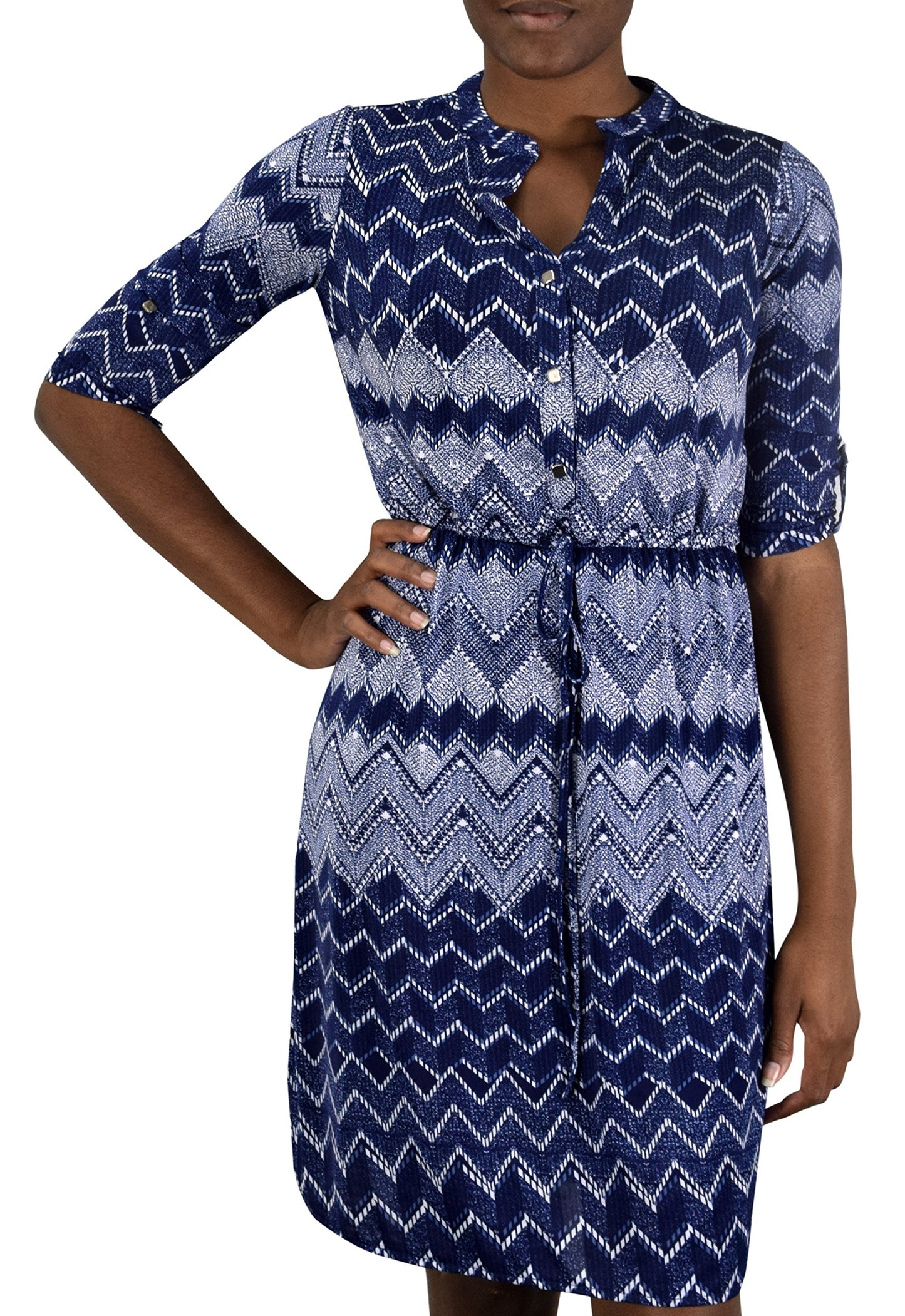Wholesale Bulk Lot: Striped Button V Neck Shift Dress Medium Cheveron Blue
