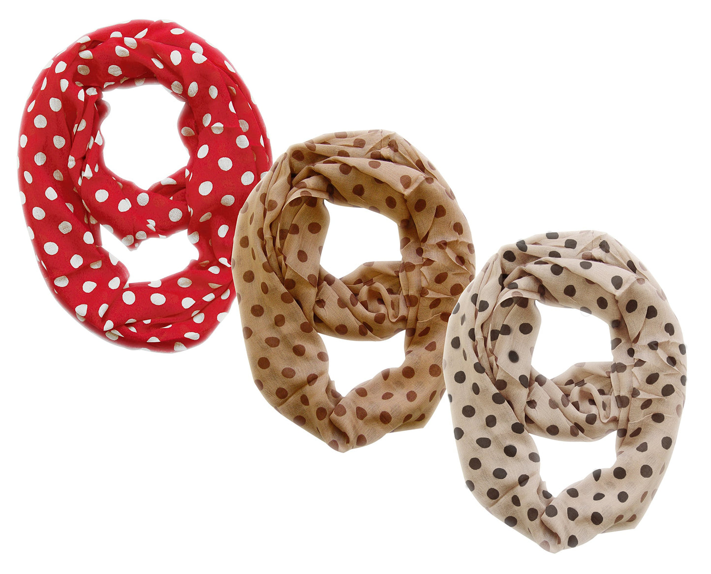 Wholesale Bulk Lot: 3 Pk Sheer Polka Dot Circle Print Infinity Loop Scarf Red Taupe Cream Reseller