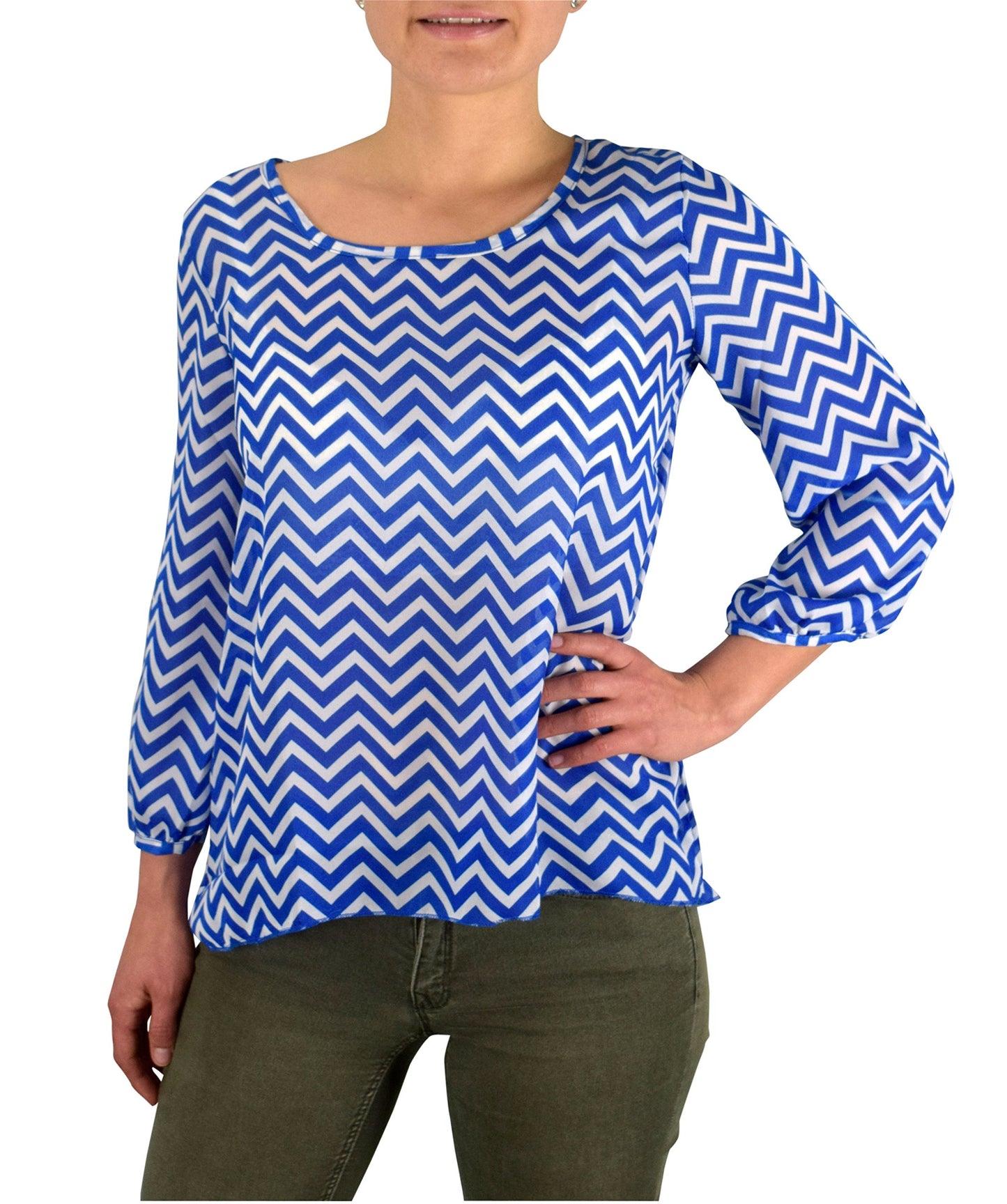 Wholesale Bulk Lot: Charming Chevron Scoop Neck Long Sleeve Blouse Medium Blue
