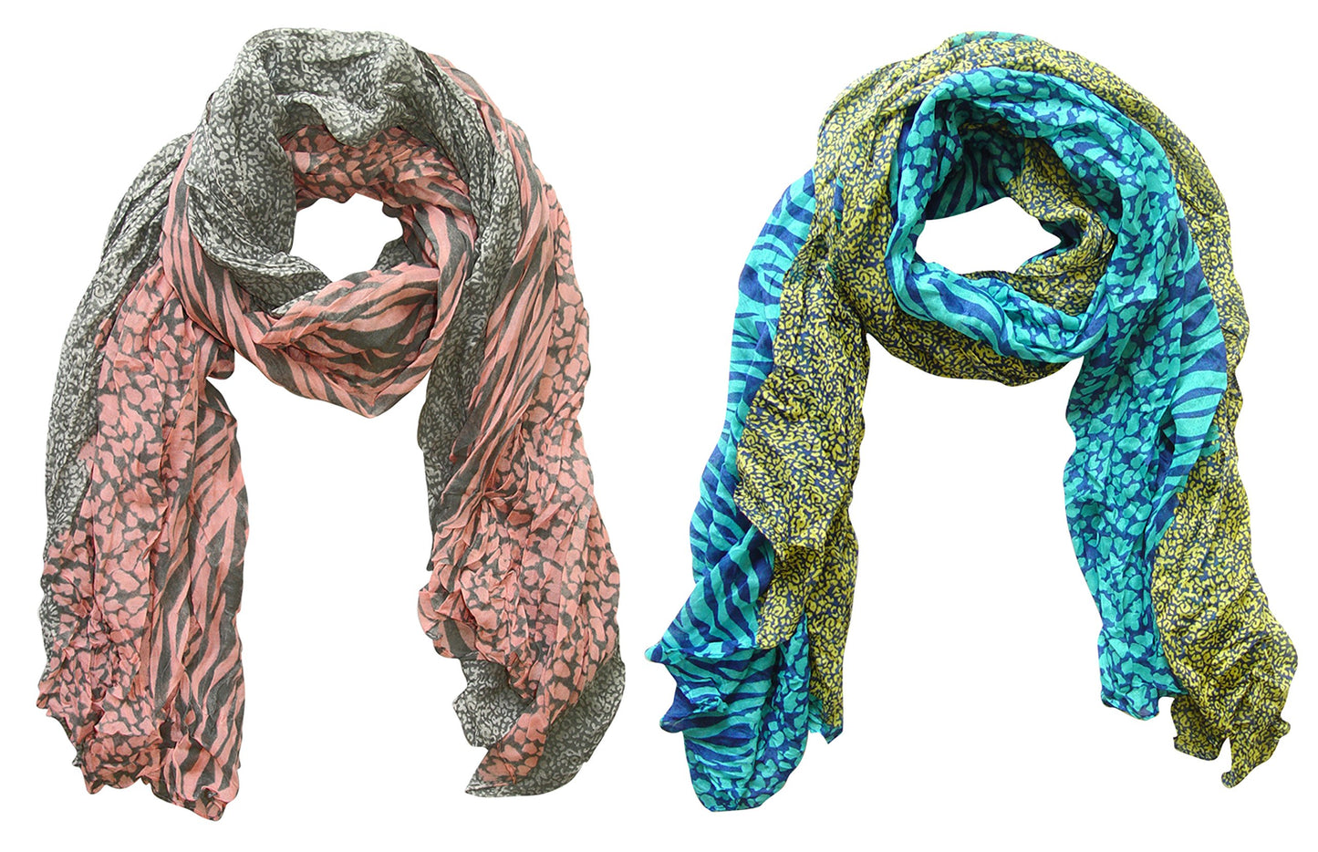 Wholesale Bulk Lot: 2 Pack Retro Zebra Leopard Animal Print Crinkle Scarf Wrap Pink Teal Reseller