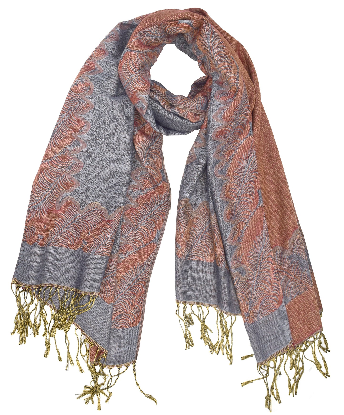 Wholesale Bulk Lot Reversible Jacquard Paisley Pashmina Shawl Wrap Grey Rust for Resellers