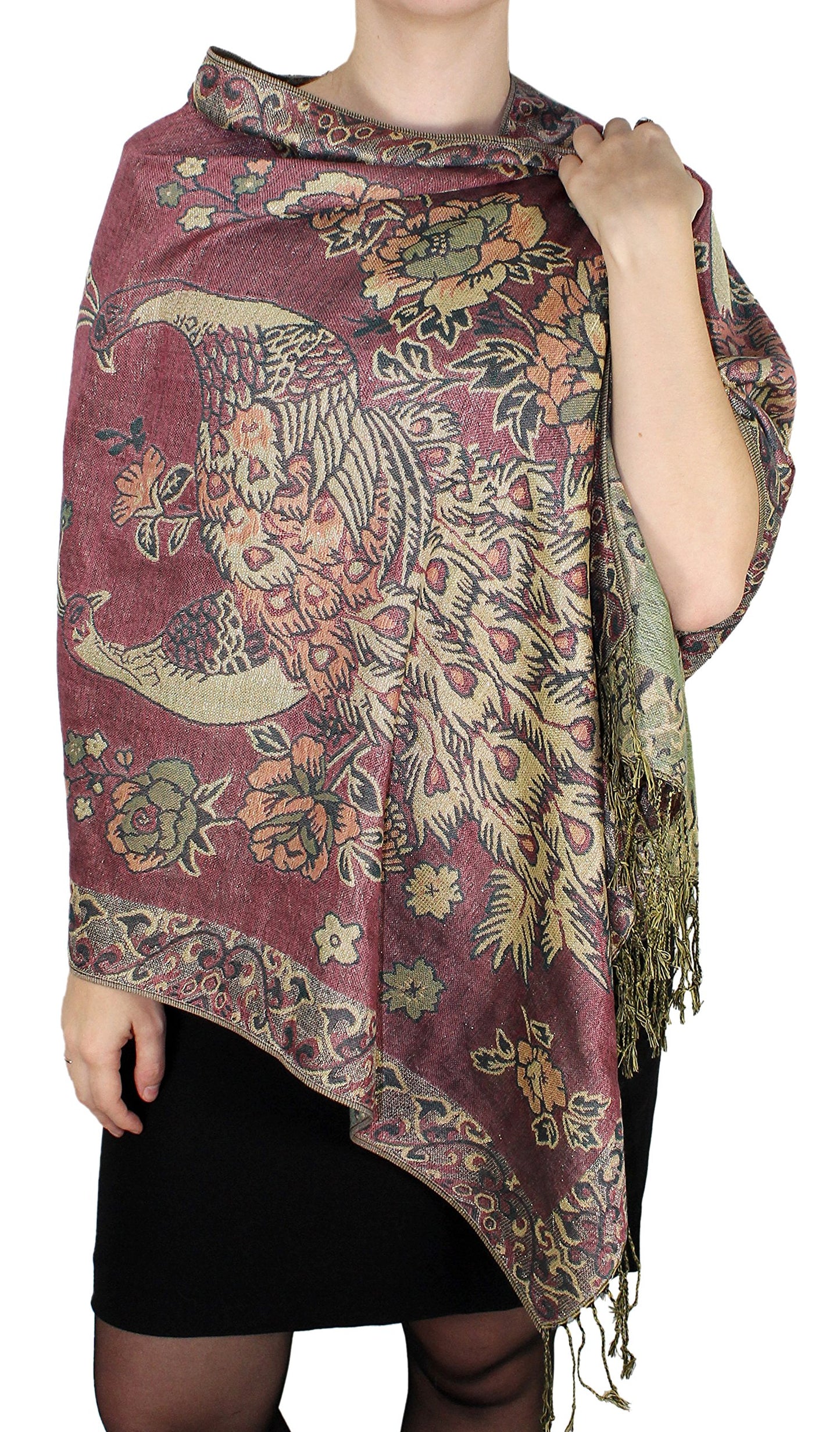 Wholesale Bulk Lot Floral Peacock Reversible Shimmer Pashmina Wrap Scarf Pink for Resellers
