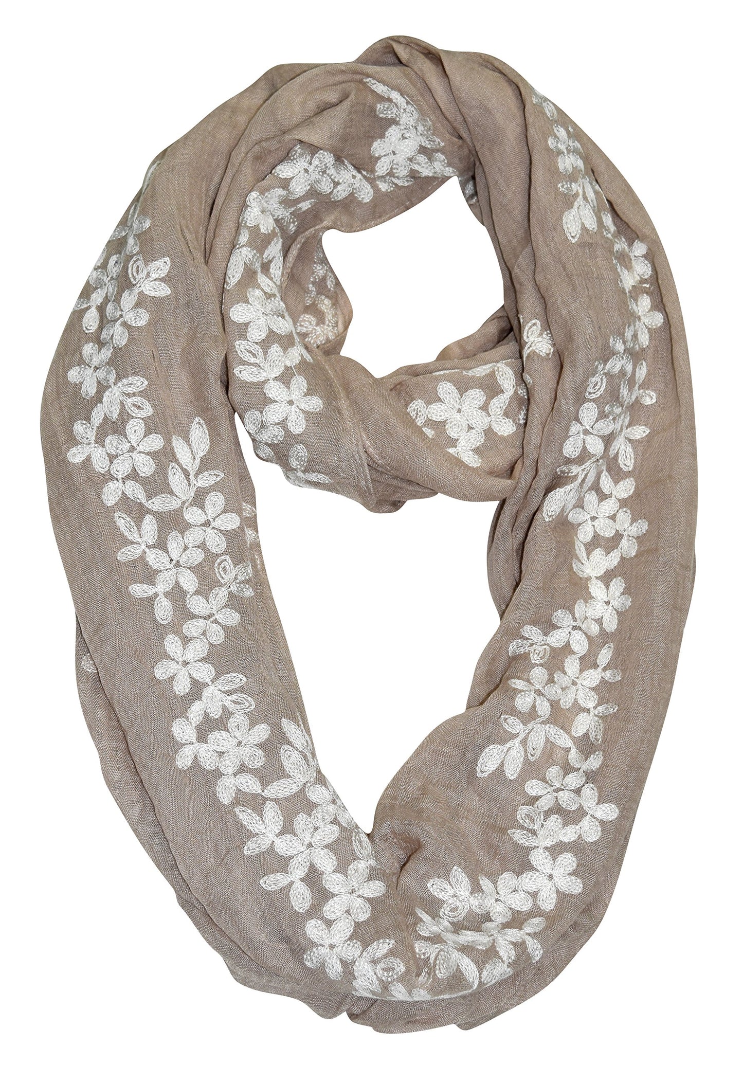 Wholesale Bulk Lot: Sheer Floral Embroidered Daisy Infinity Loop Scarf Taupe for Resellers
