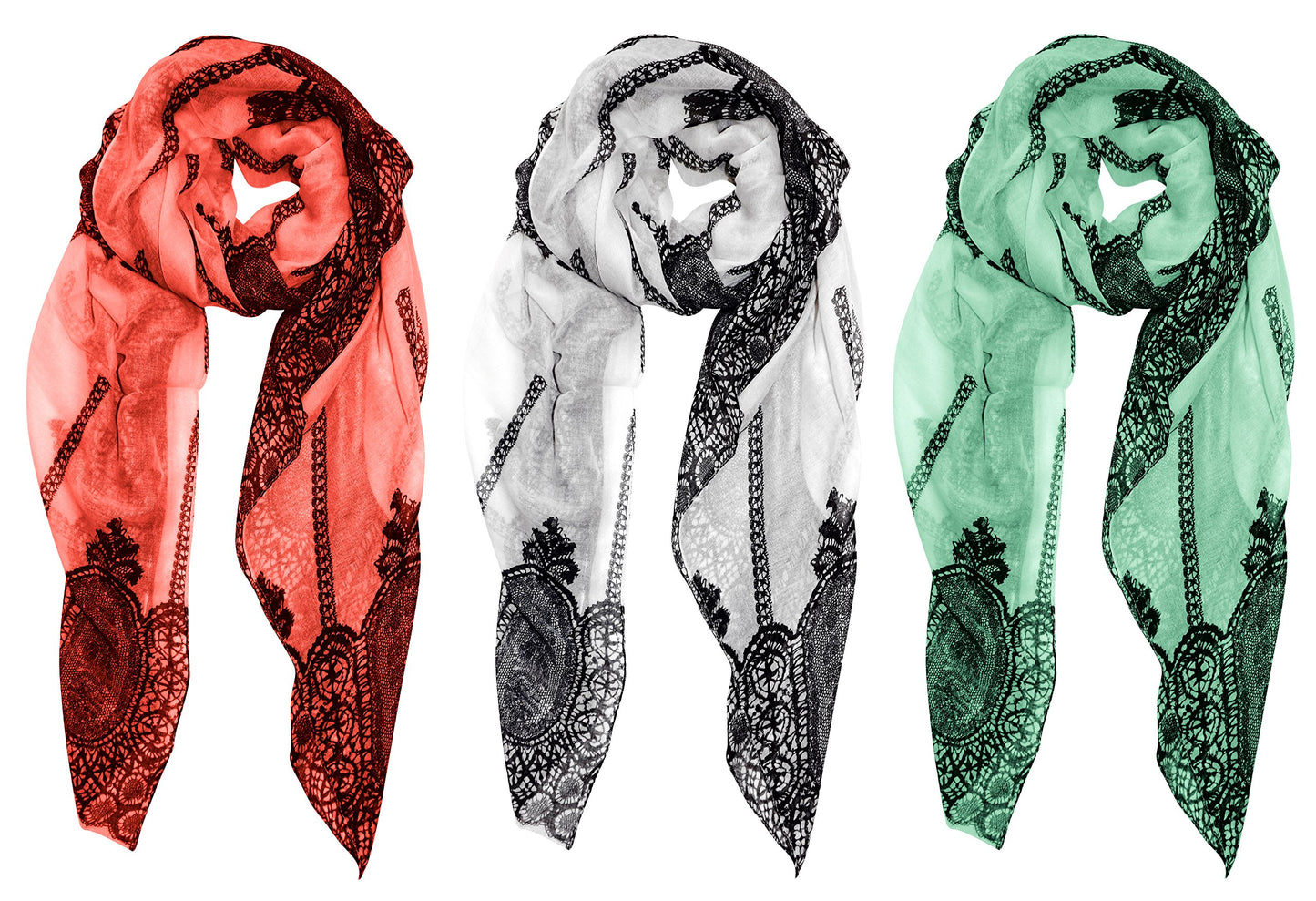 Wholesale Lot 3 Pack Damask Paisley Floral Pashmina Scarf Bulk Reseller Bundle Coral White Teal