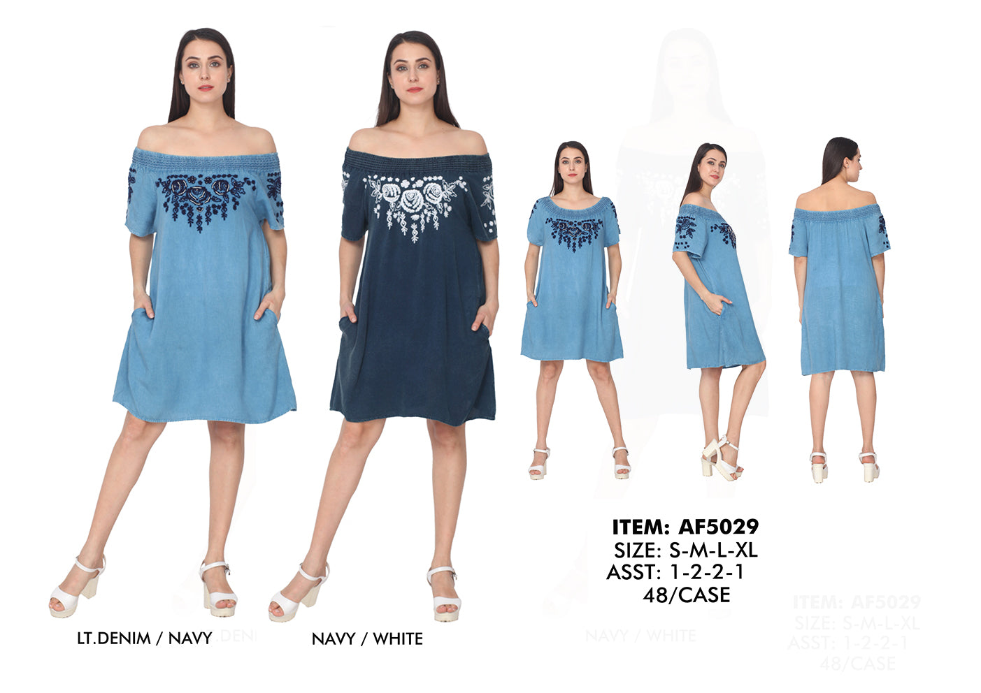 Rayon Dress-Off Shoulder With Heavy Embd. S/S-Denim GDPAF5029-AT