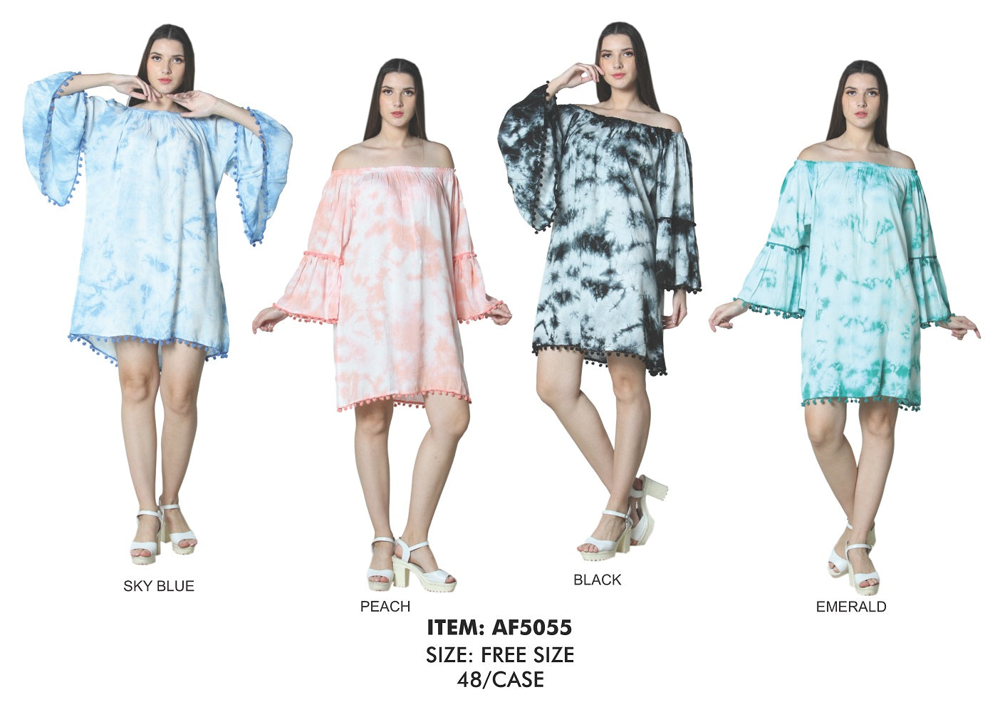 Rayon Ots 3/4 Bell Sleeve Dress With Pom Pom GDPAF5055-AT